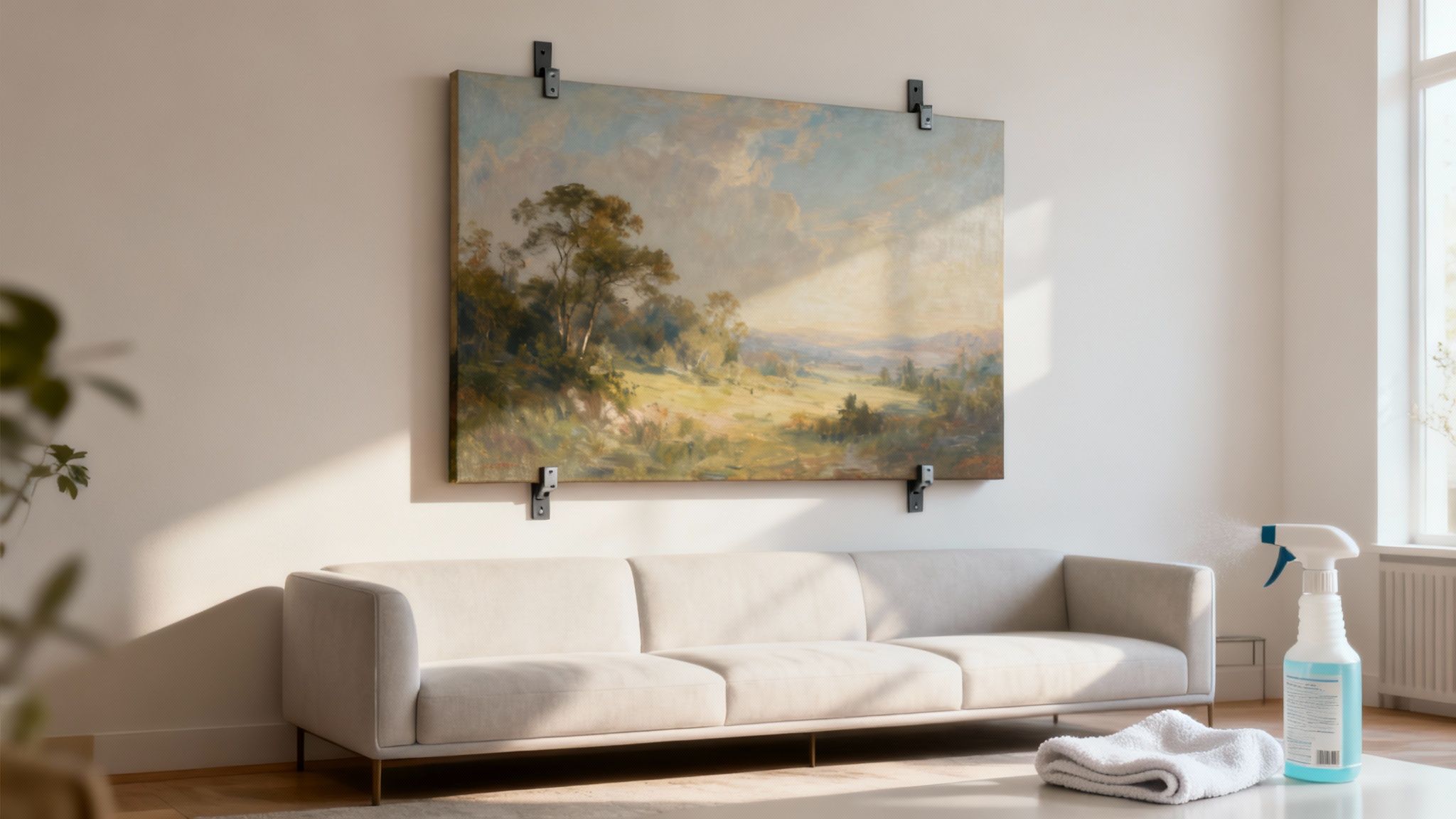 A collection of finished canvas prints hanging on a wall, creating a gallery-style display.