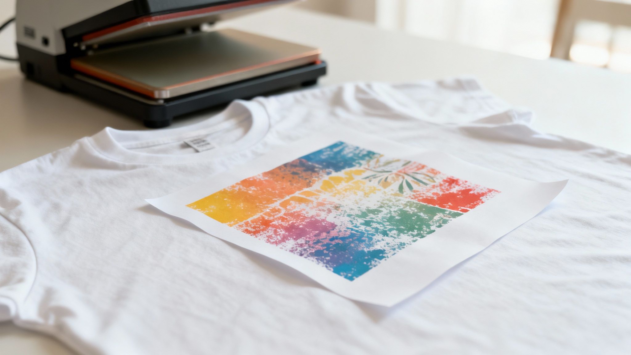 White t-shirt with a colorful design on heat transfer paper, next to a heat press machine.