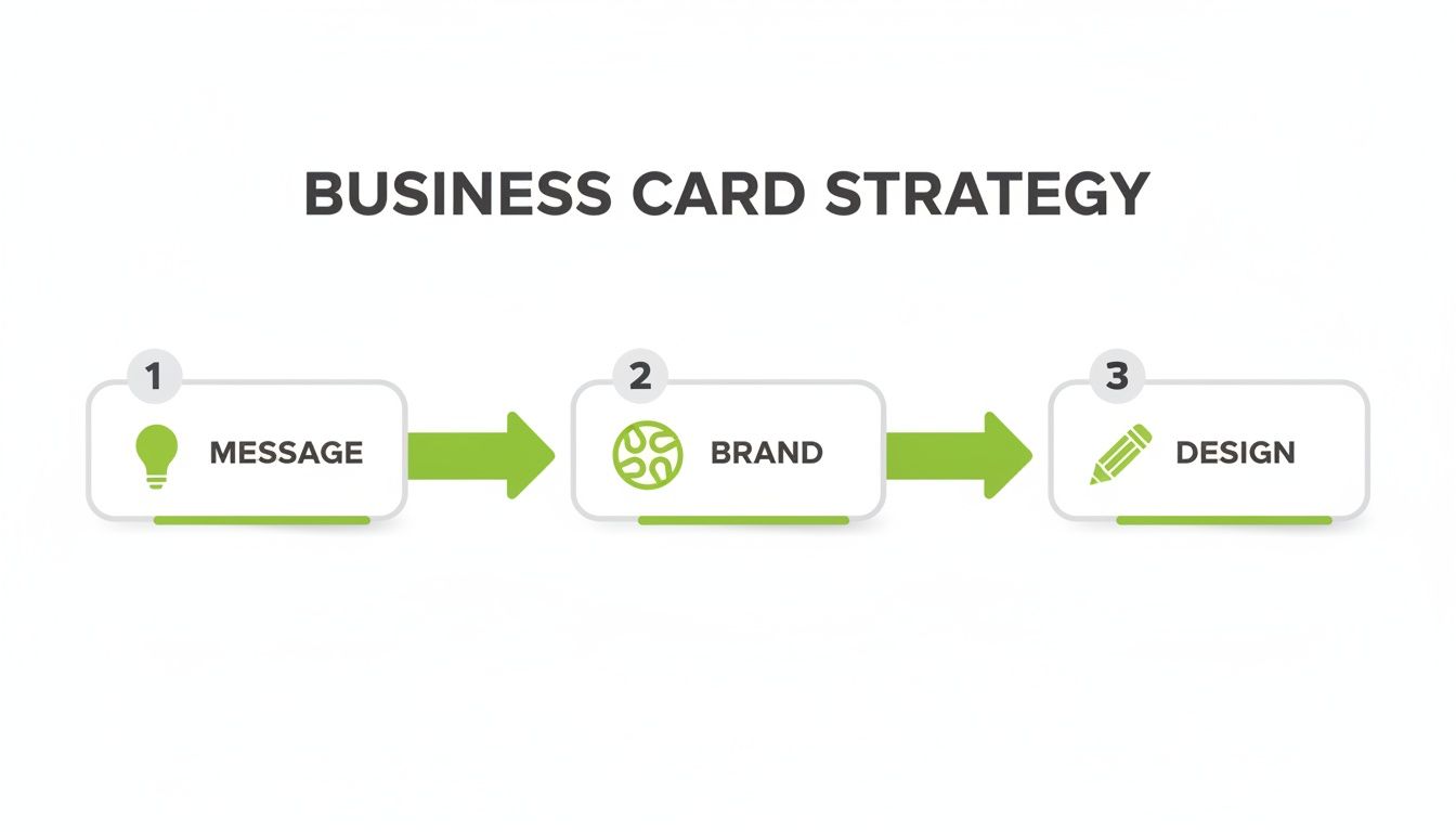 Flowchart illustrating the three key steps for a business card strategy: message, brand, and design.