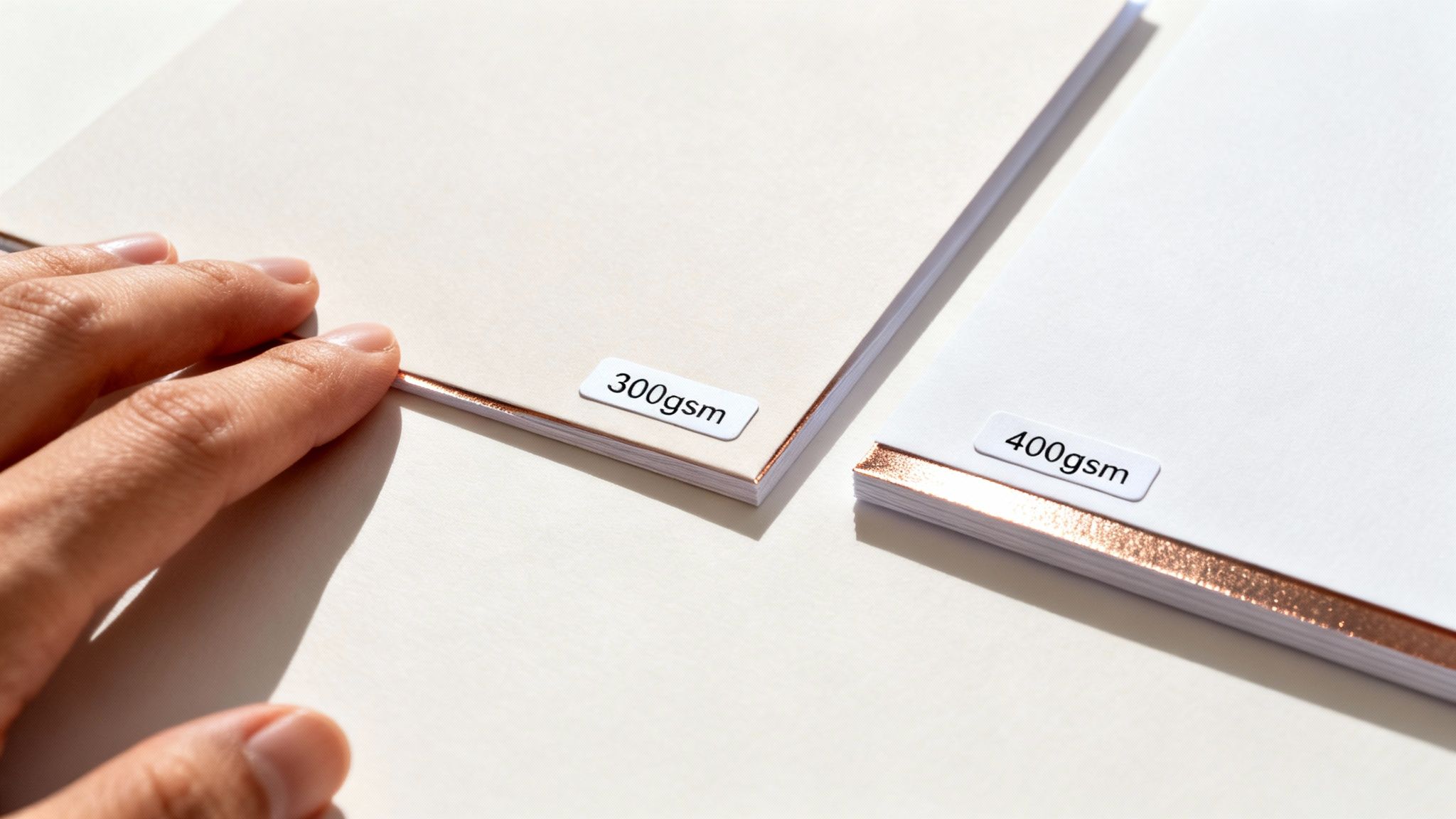 A hand touches beige 300gsm paper next to white 400gsm paper with shiny rose gold edges.