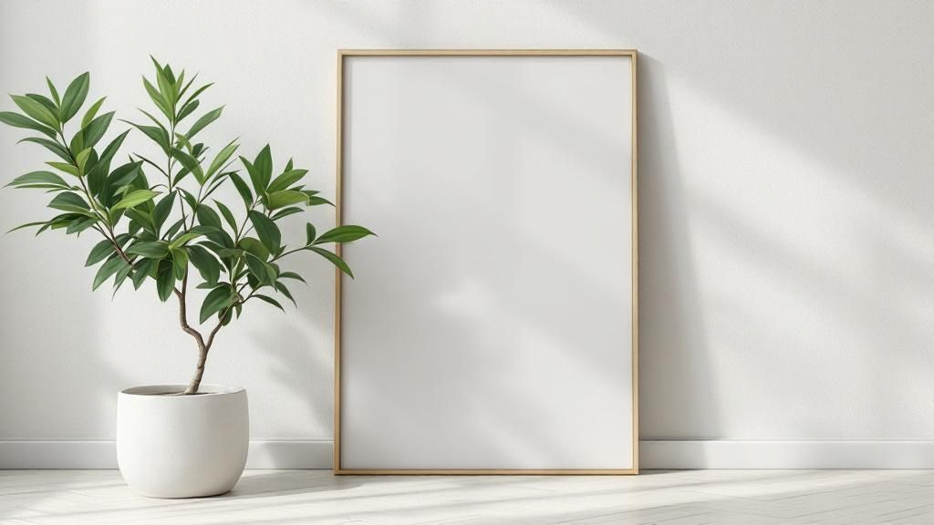 A beautifully framed canvas print hanging above a stylish wooden console table in a well-lit living room.