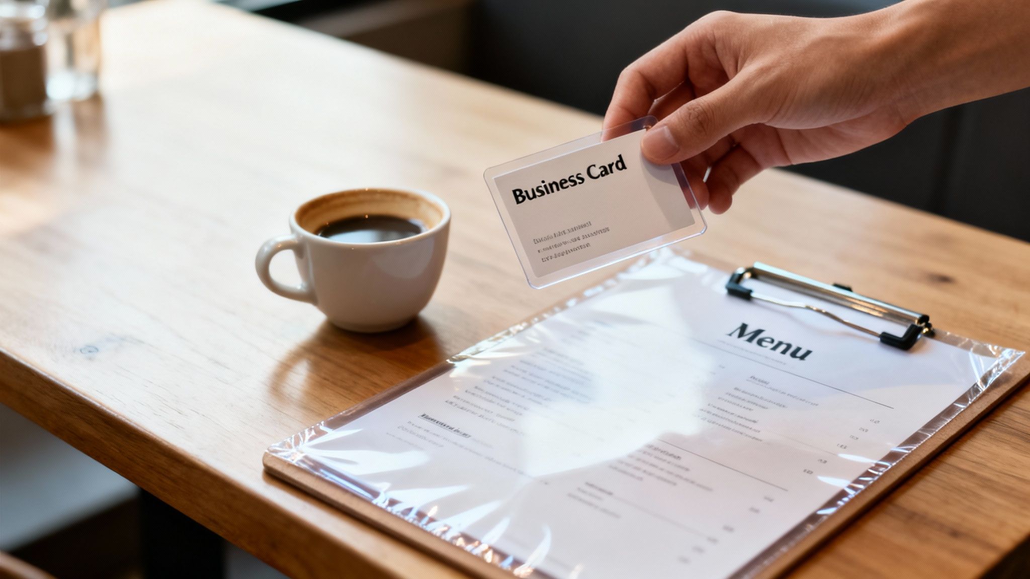 A hand holds a transparent business card over a coffee cup and a laminated menu on a wooden table.