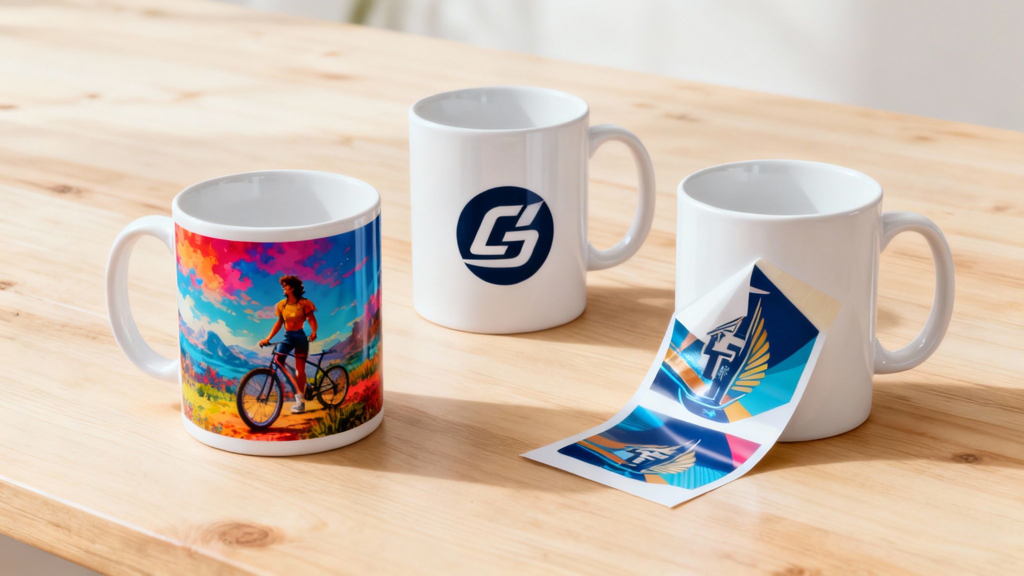 Different mug printing machines in operation, showing vibrant colours being applied.