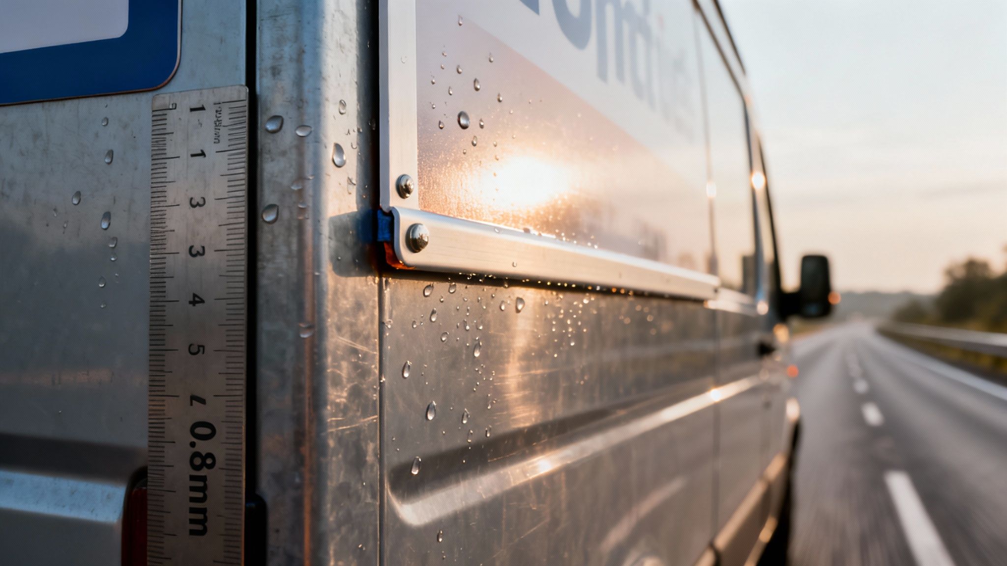 Water droplets on a metallic van side with a ruler, sunlight reflecting on a highway at dawn.