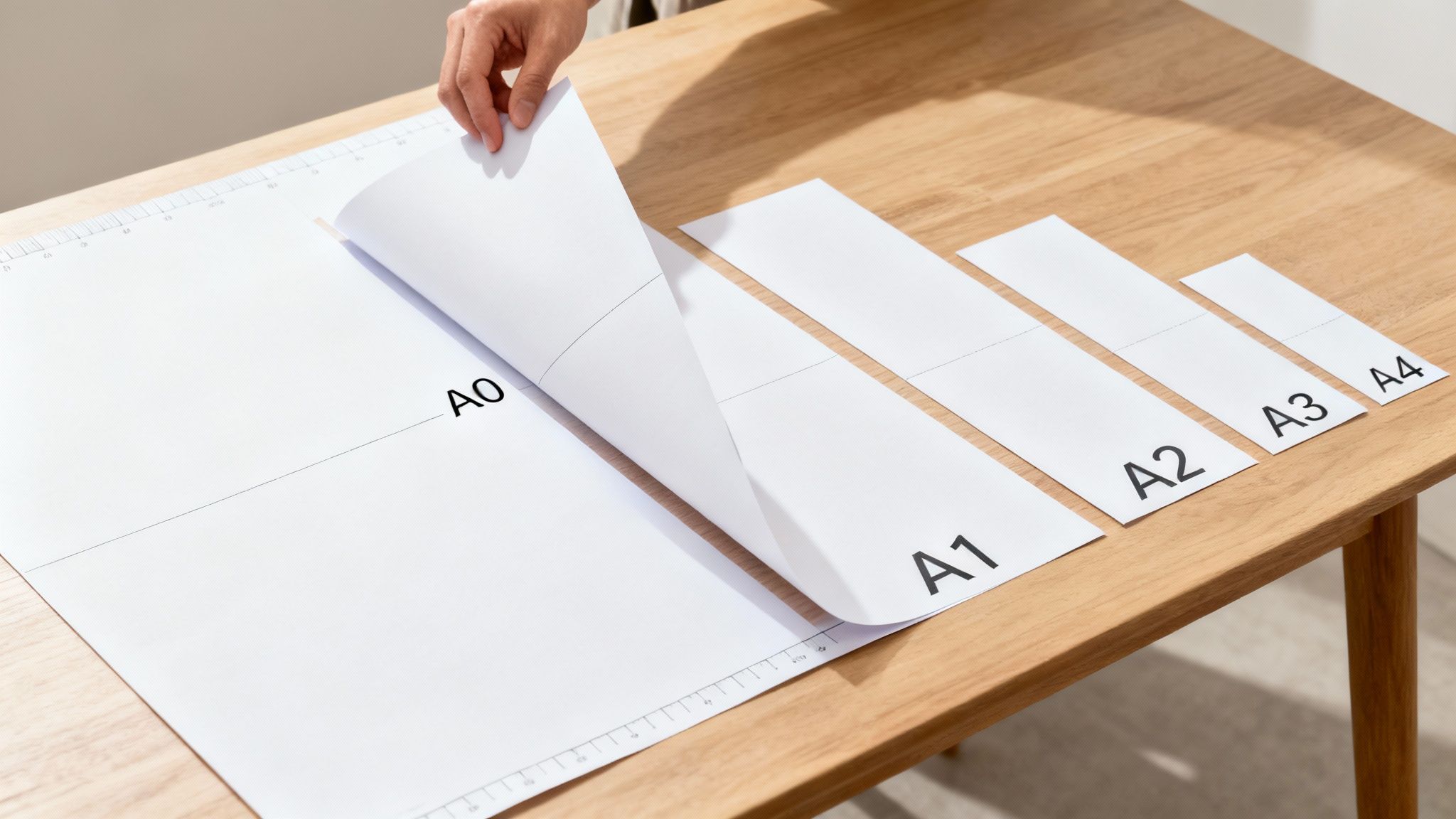 Hand comparing different paper sizes from A0 to A4 on wooden table with ruler