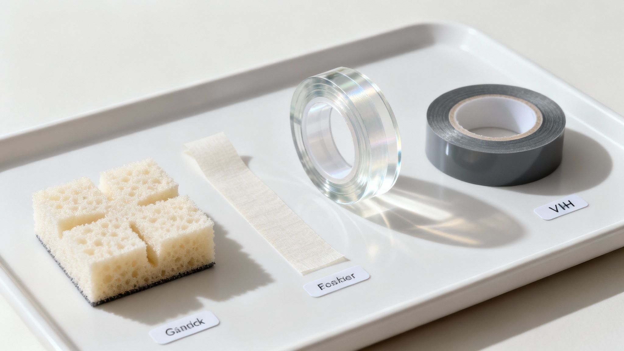 Various adhesive materials including sponge pad, foam strip, glass jar, and VHB tape on white tray
