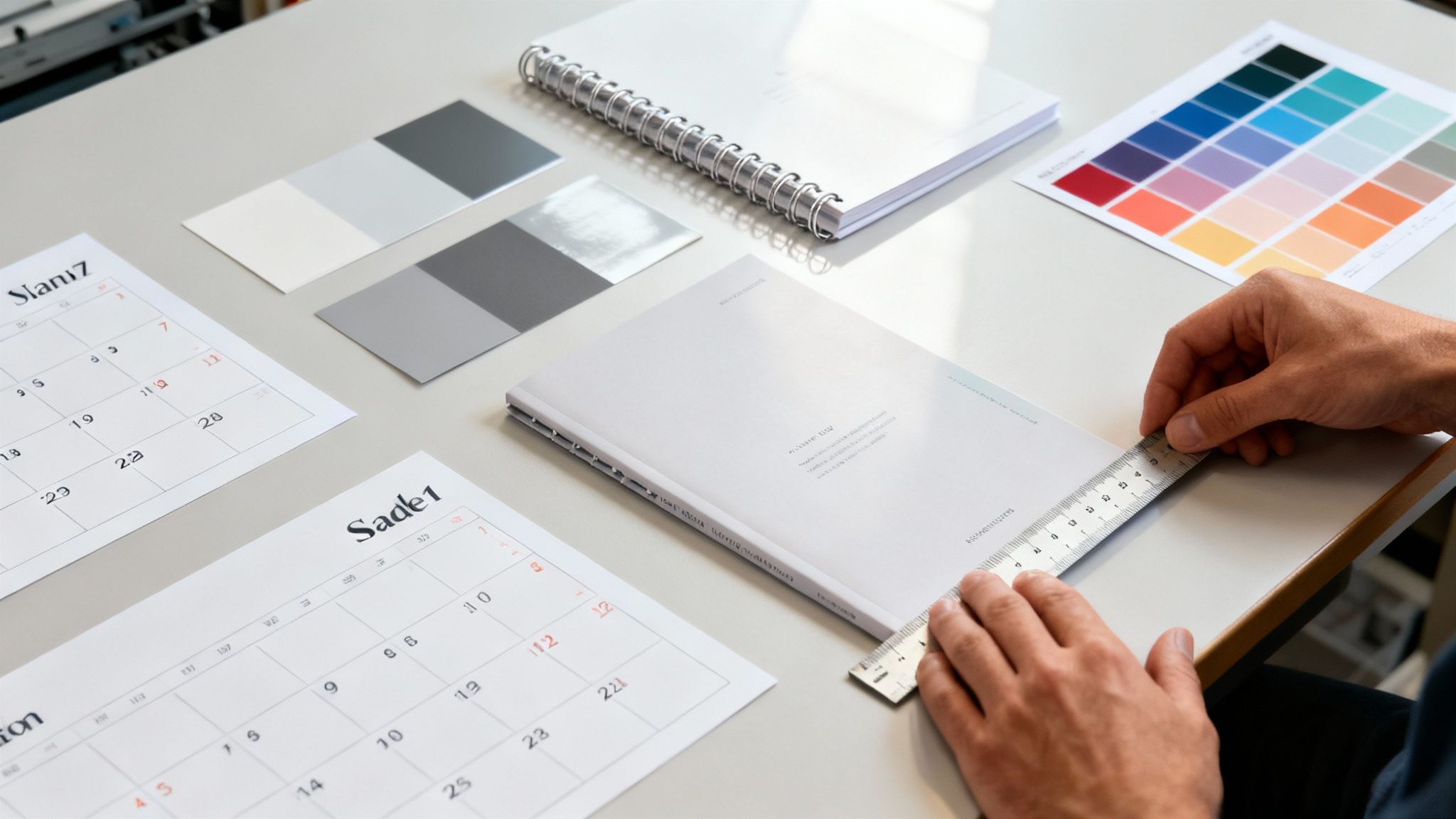 A close-up of different paper stock samples for calendar printing.