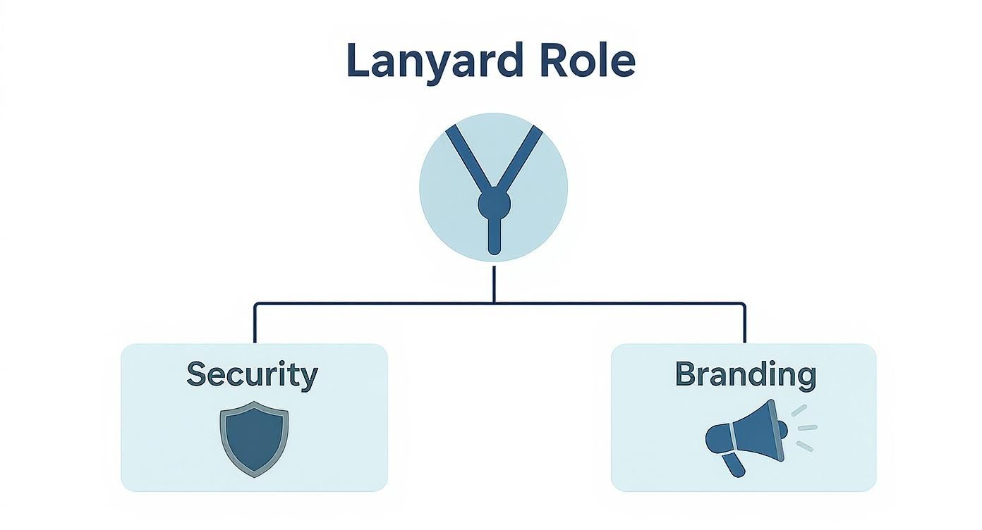 A diagram illustrating the two main roles of a lanyard: security with a shield icon, and branding with a megaphone icon.