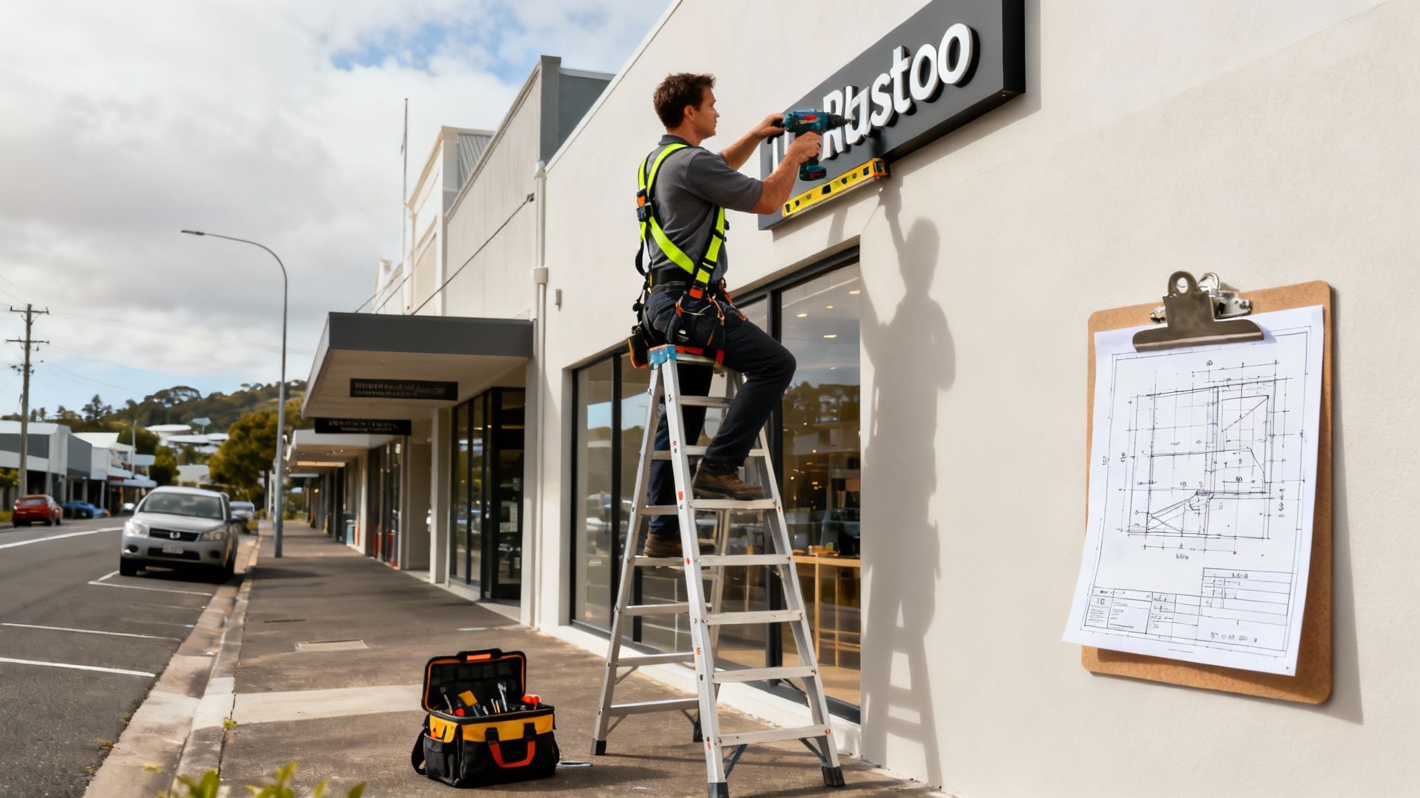 Site survey in progress for a business sign