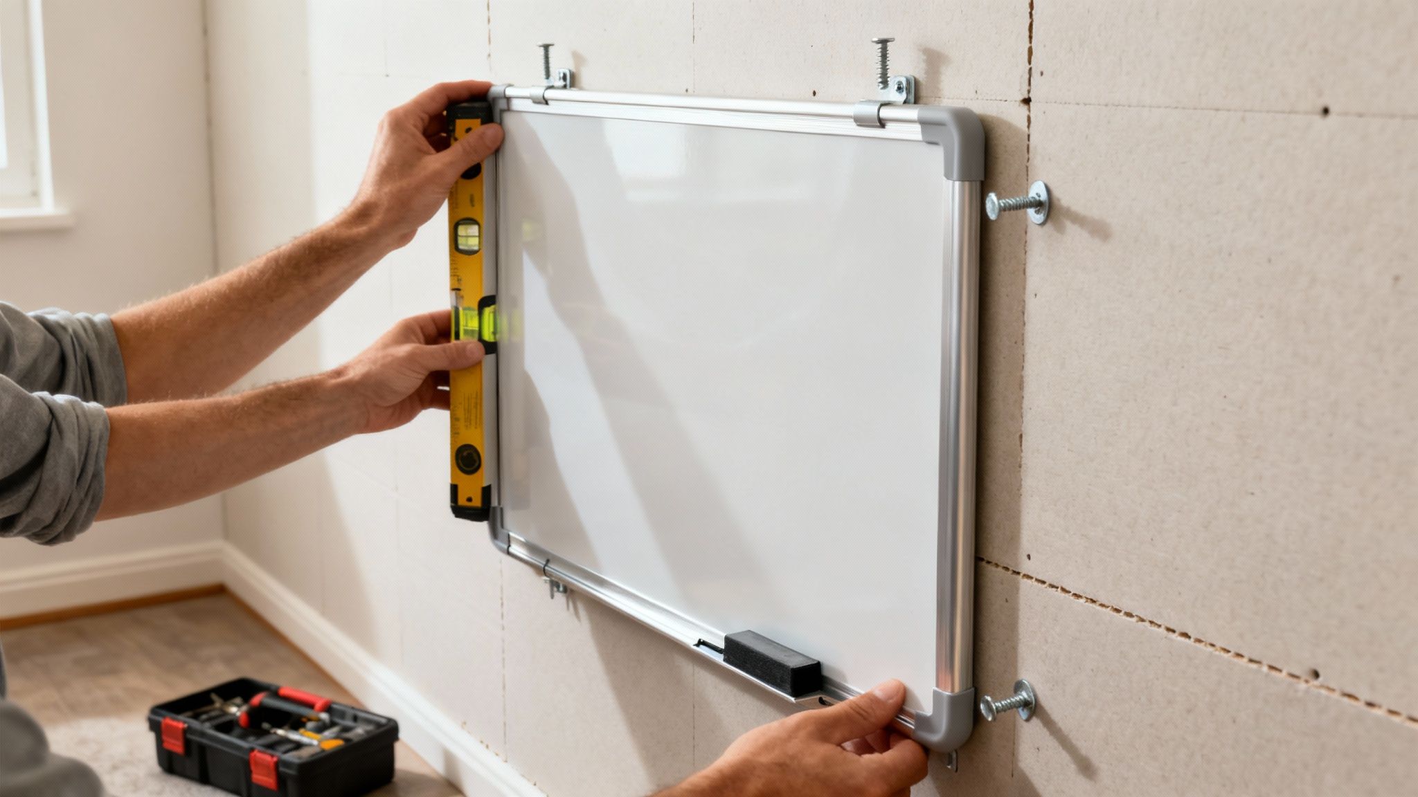 A person marking a wall with a pencil to install a whiteboard