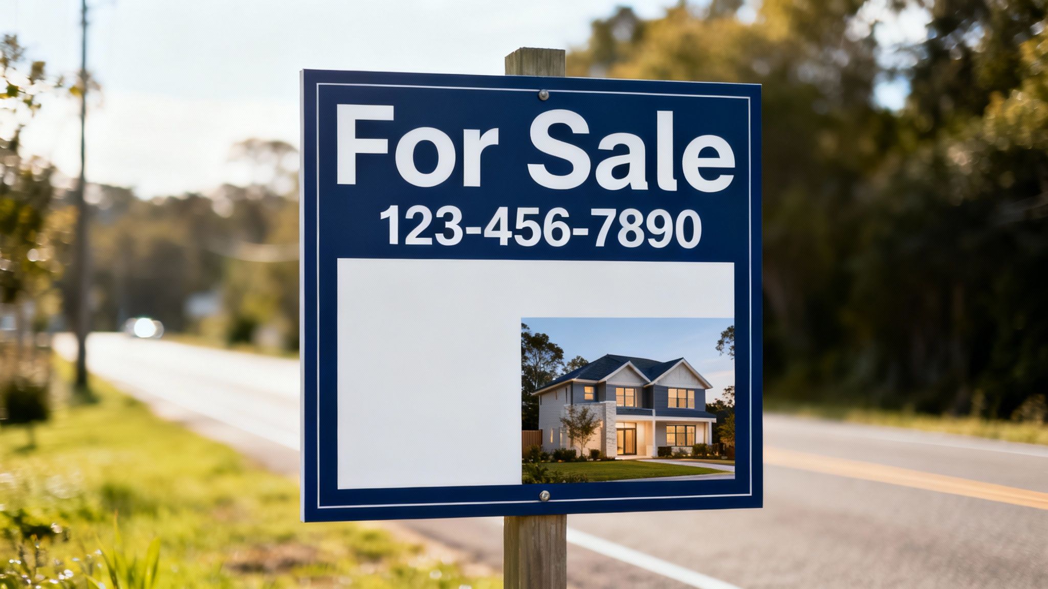 A for sale sign with an eye-catching design, clear typography, and a striking property photo.