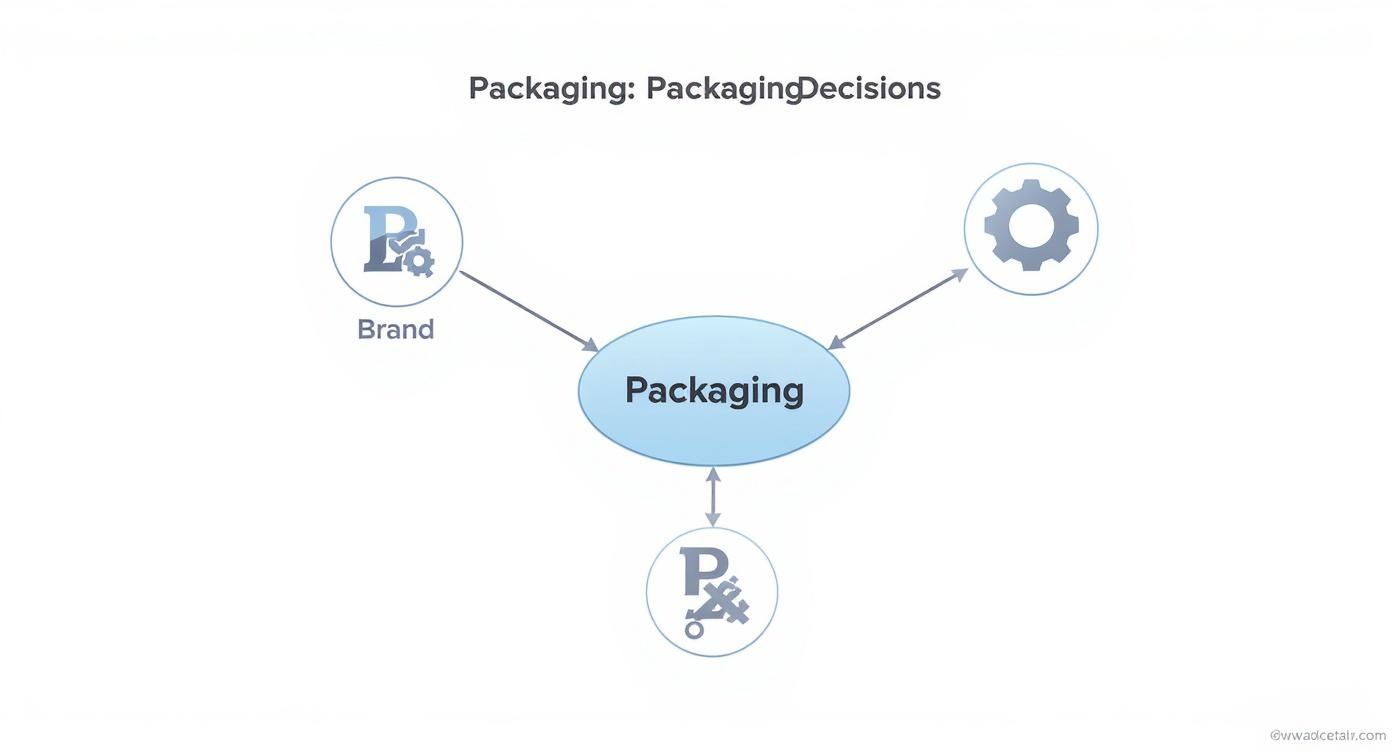 Diagram illustrating packaging decisions, showing connections between brand, packaging, and related factors.