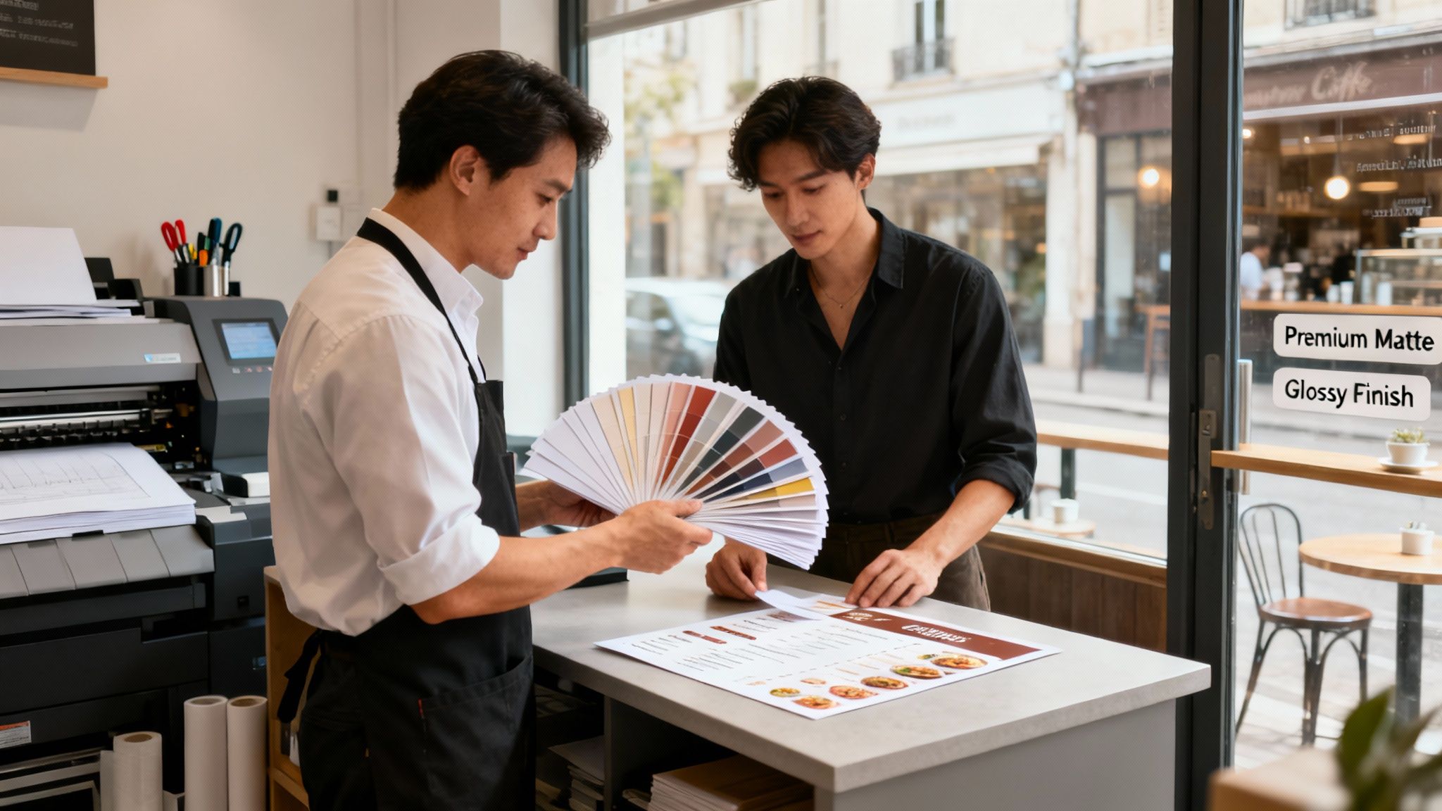 Two men discuss color printing options using swatches and a menu in a print shop.
