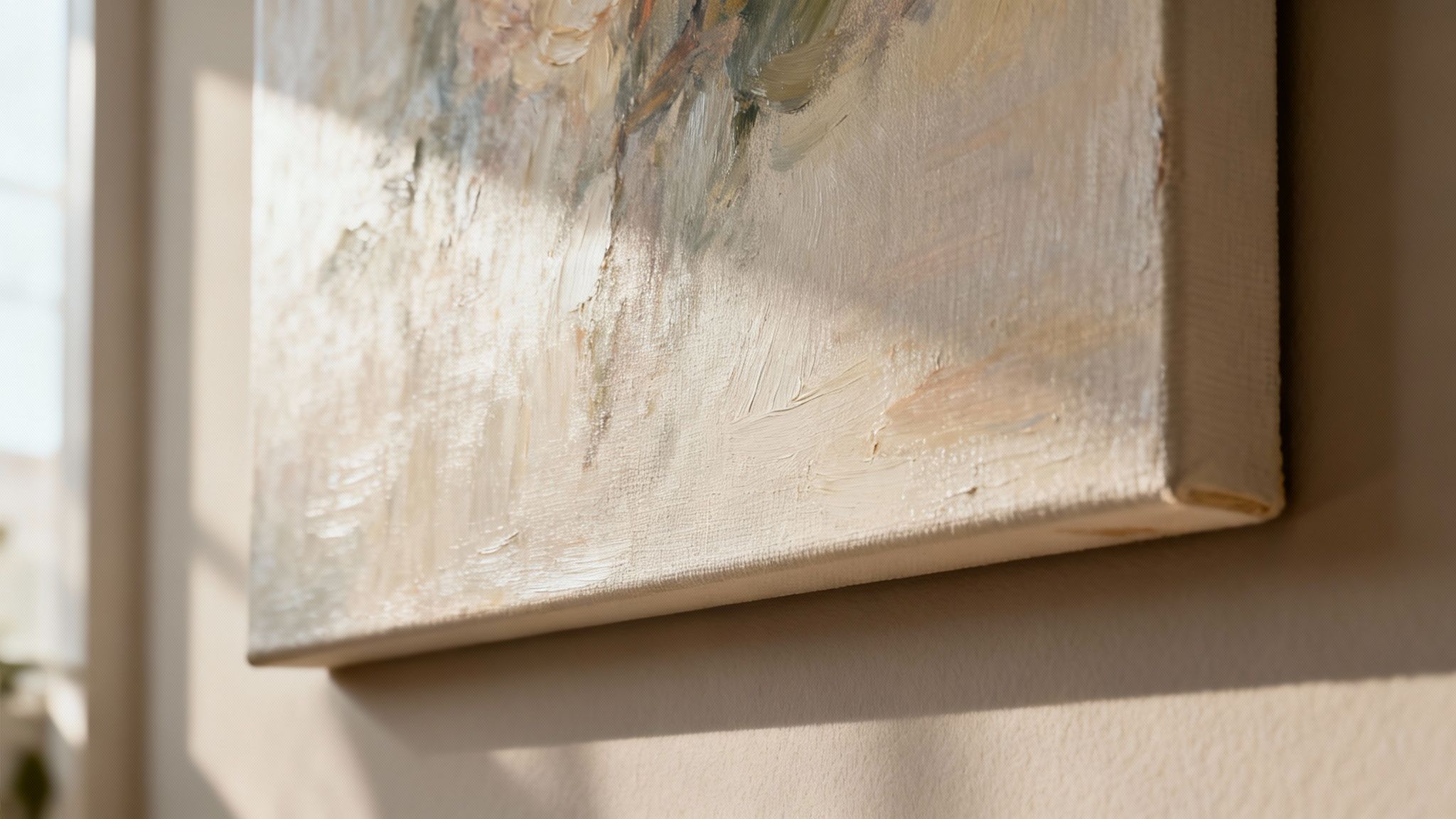 An assortment of canvas prints in various sizes leaning against a white wall.