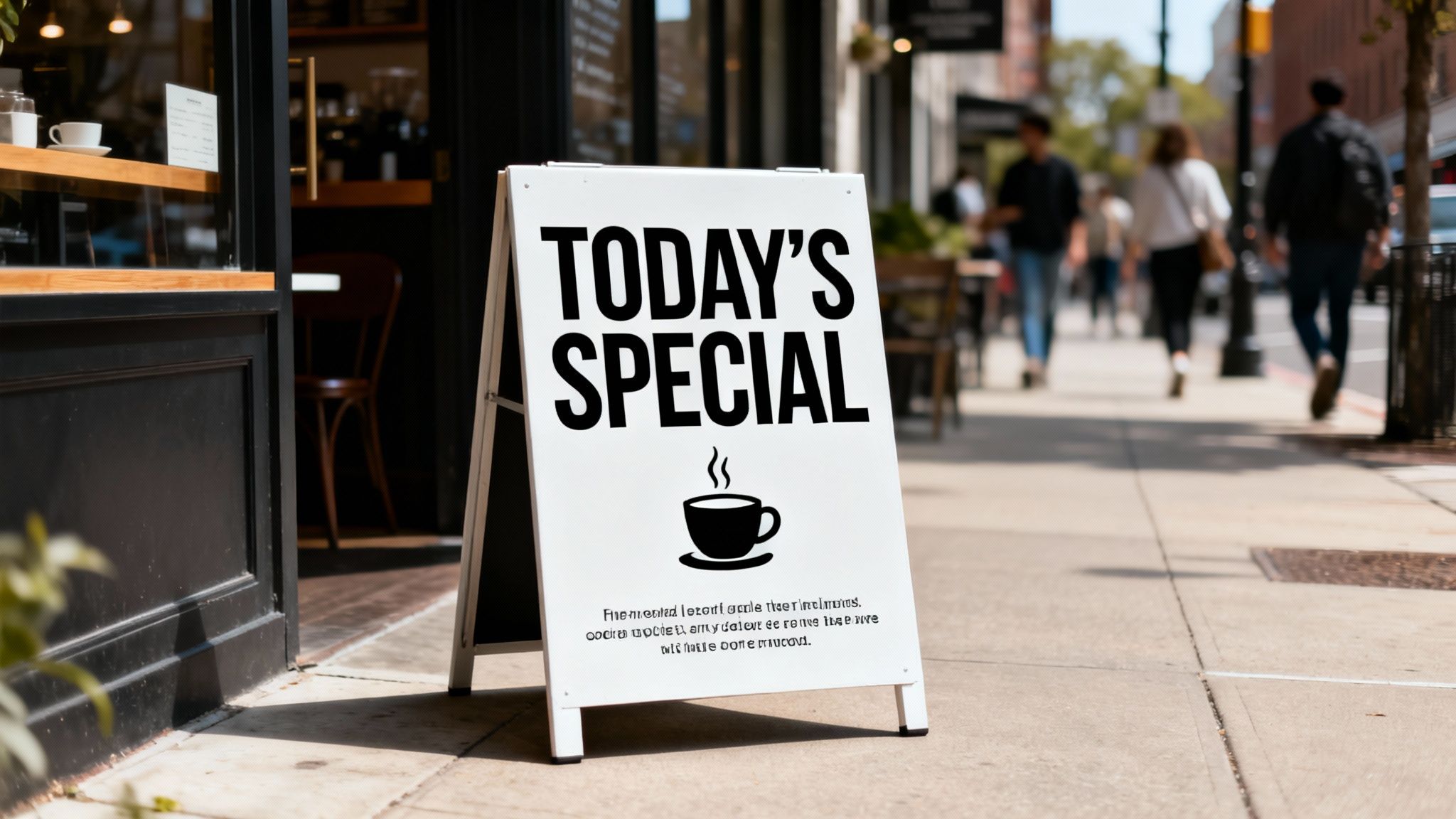 A white sandwich board sign on a sidewalk advertises 'TODAY'S SPECIAL' with a coffee cup icon outside a cafe.