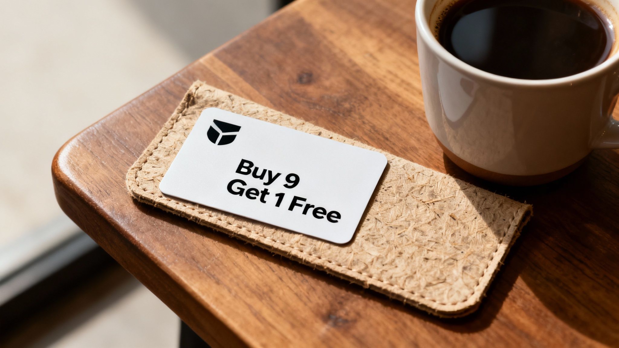 A white loyalty card offering 'Buy 9 Get 1 Free' sits on a coaster beside a coffee cup on a wooden table.