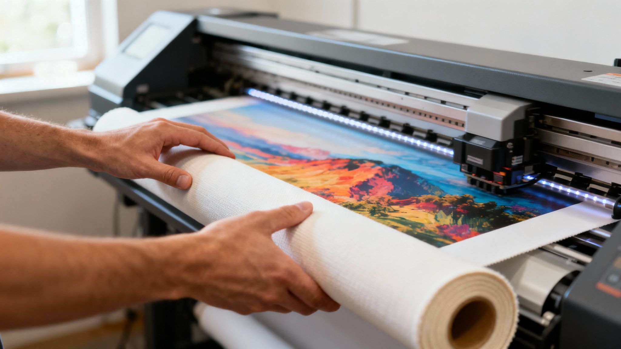 A close-up of a large-format printer's head moving across a canvas roll, precisely laying down ink to create a vibrant image.