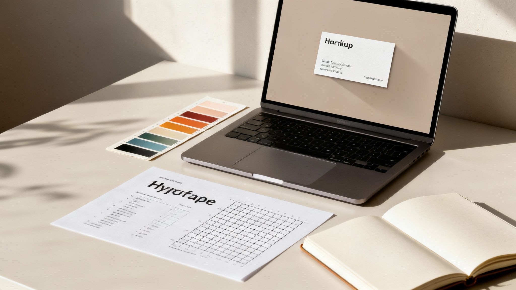 A designer working on a business card layout on a computer screen.