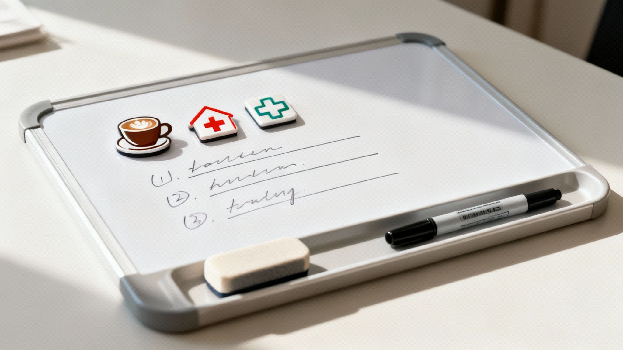 A small magnetic whiteboard with coffee, house, and medical cross magnets, displaying a handwritten list, marker, and eraser.
