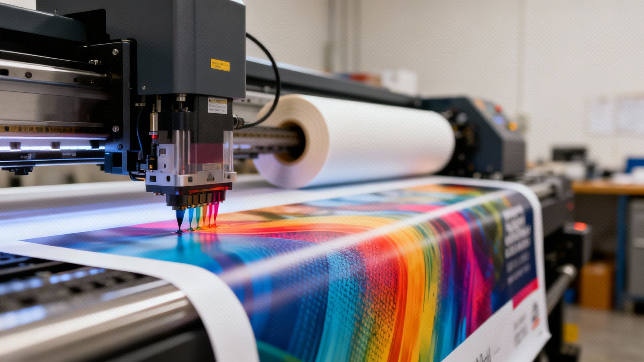 Close-up of a large format printer working on a colourful banner