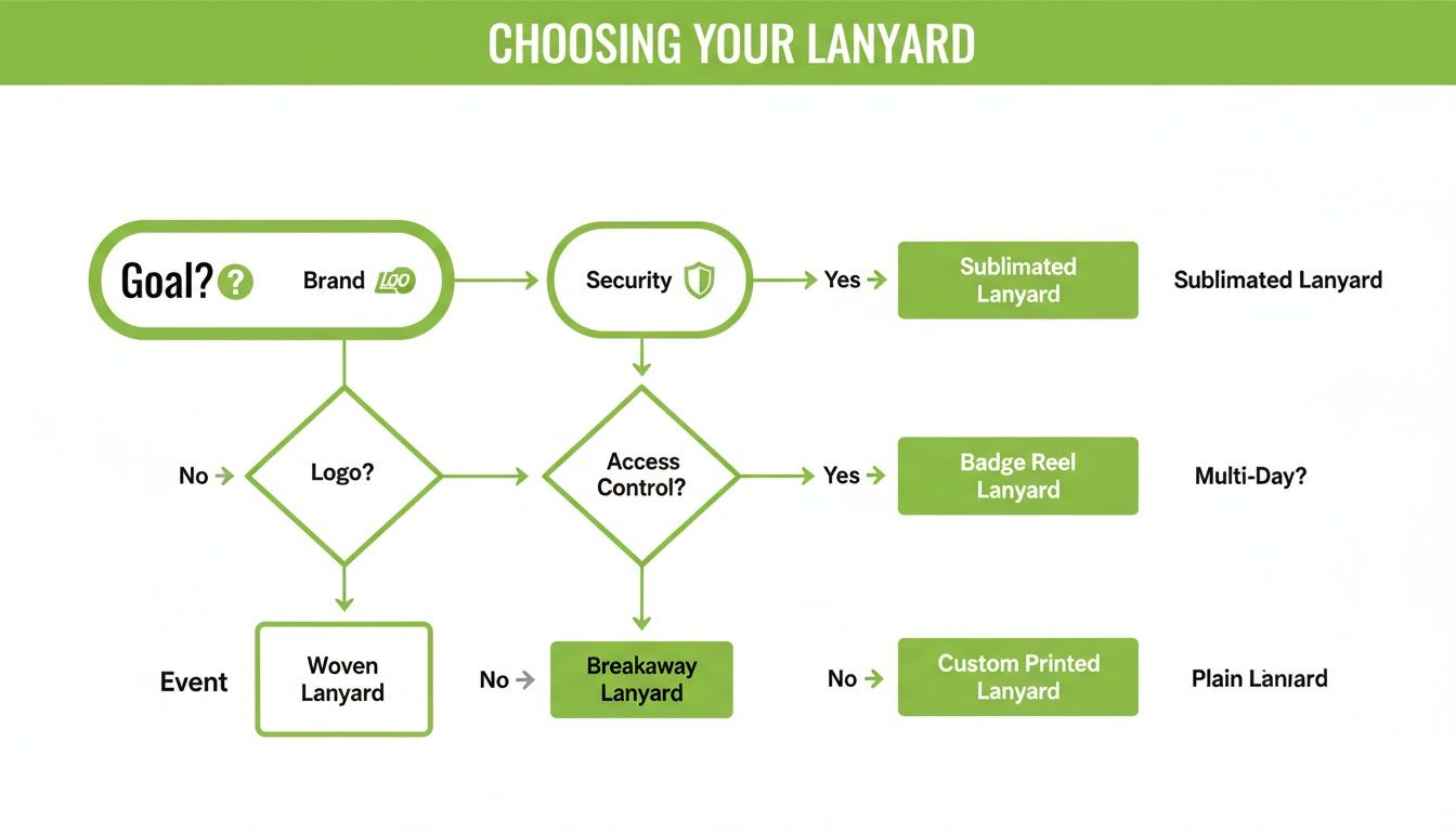 Flowchart guiding users through choosing the ideal lanyard type for branding, security, or event needs.