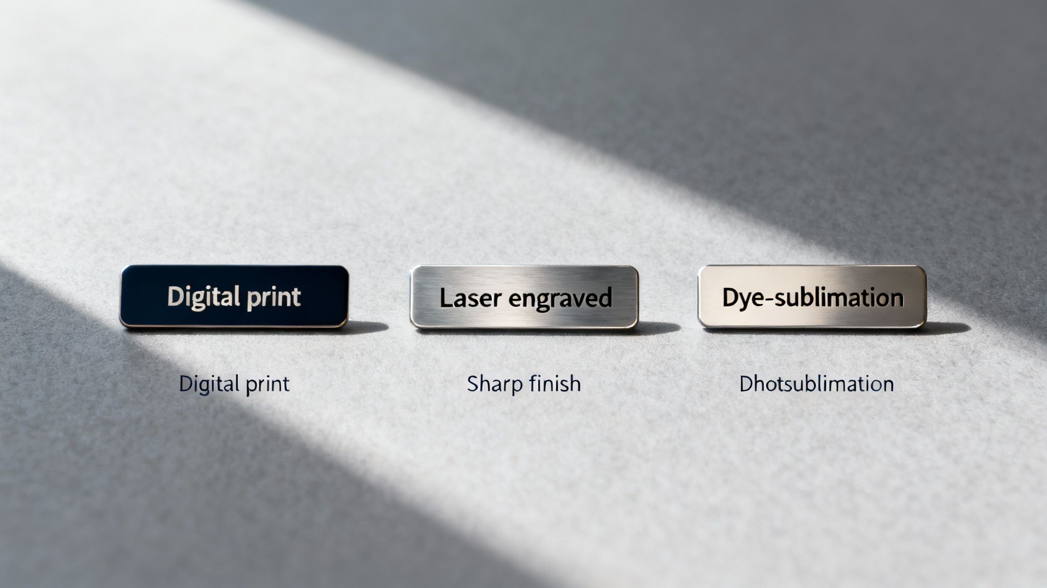 Three name tags showcasing digital print, laser engraved, and dye-sublimation finishes on a textured surface.