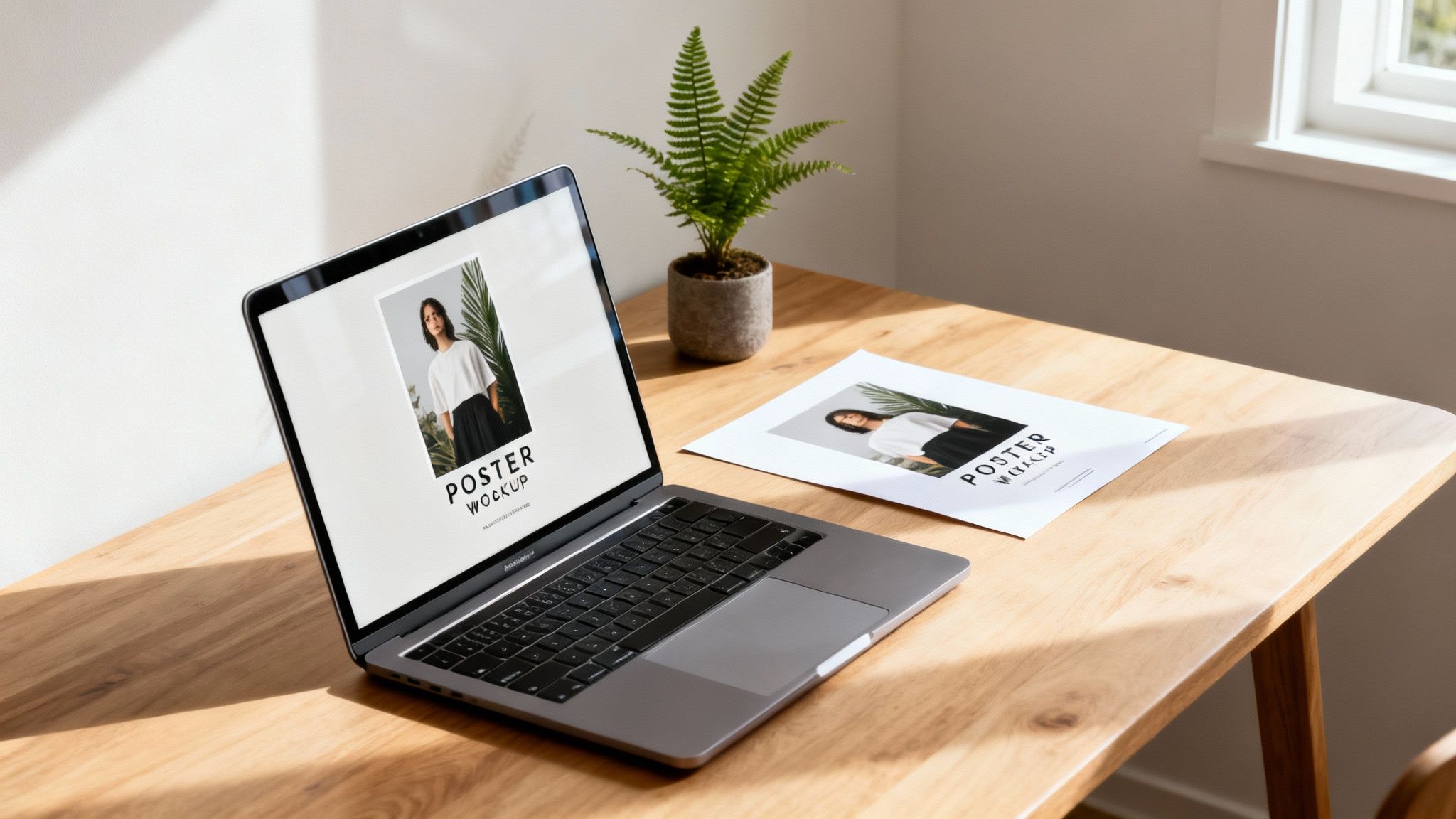 Modern workspace with a laptop, a print poster, and a green plant on a sunlit wooden table.