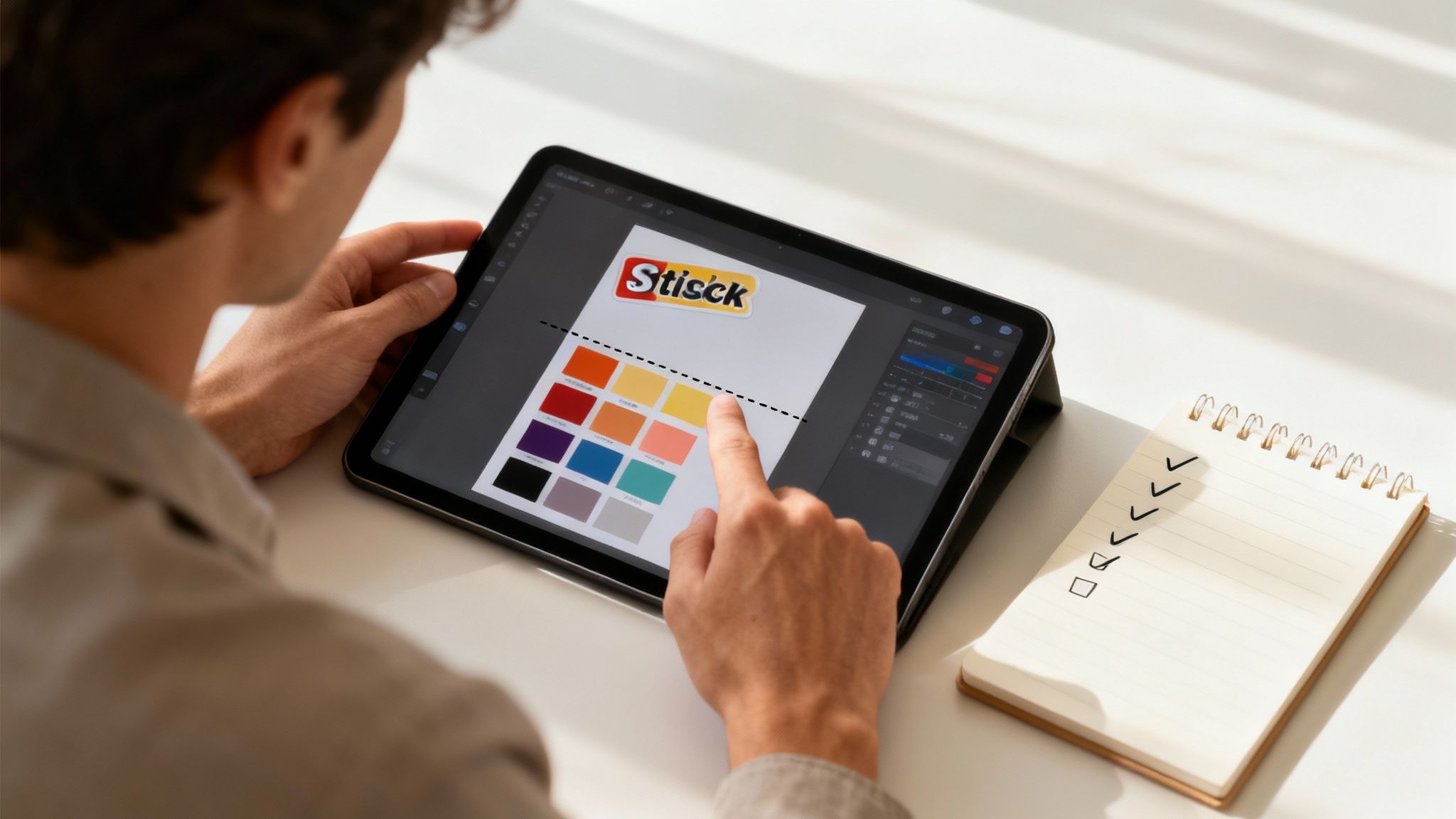 A digital proof of a sticker design being reviewed on a tablet