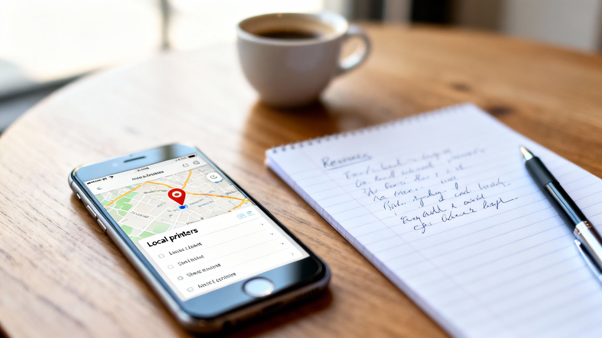 A smartphone on a wooden table displays a map app with local printers, next to a notepad, pen, and coffee.