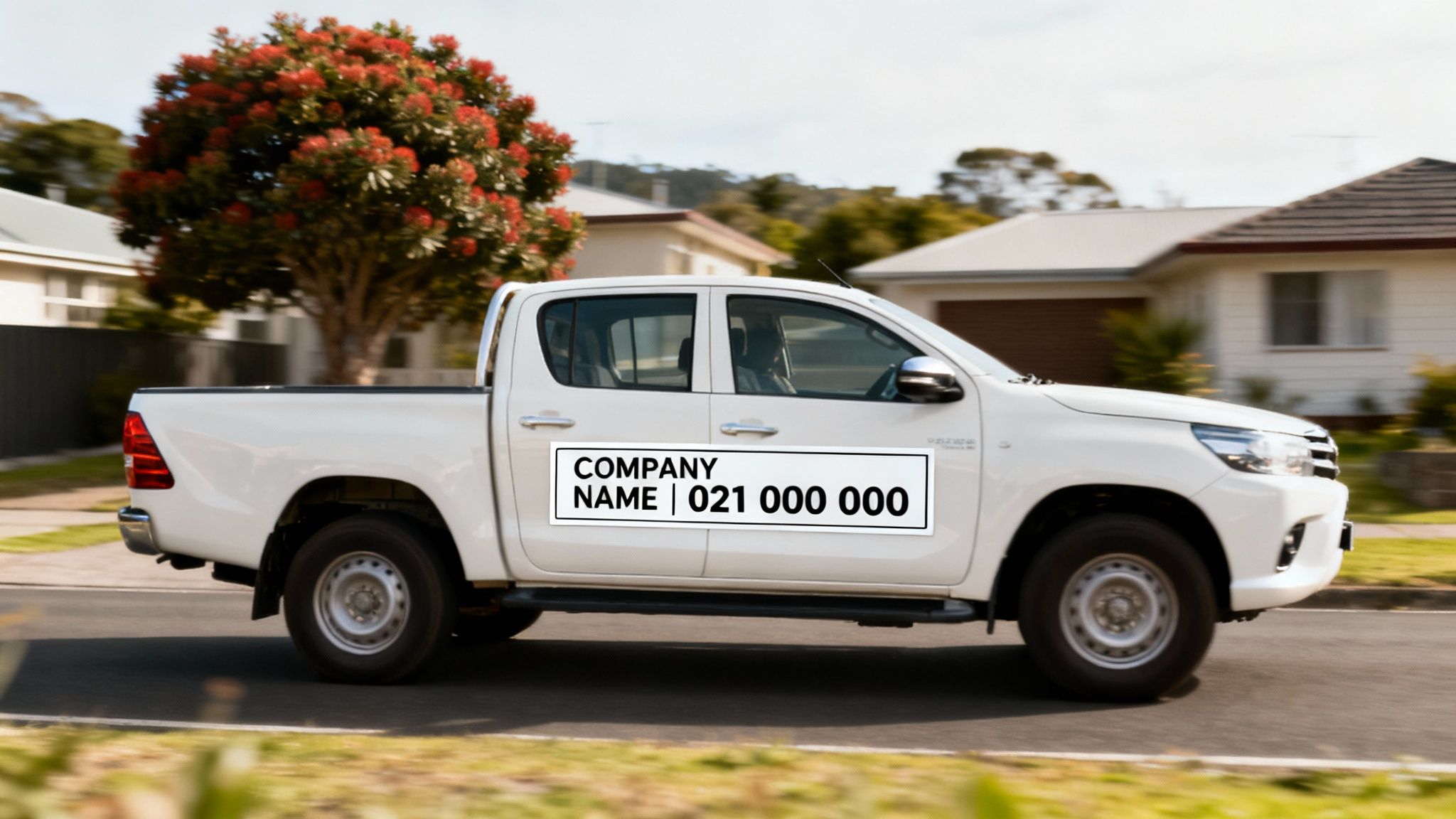 A white pickup truck with a magnetic sign showing "Company Name" and a phone number, driving on a suburban street.