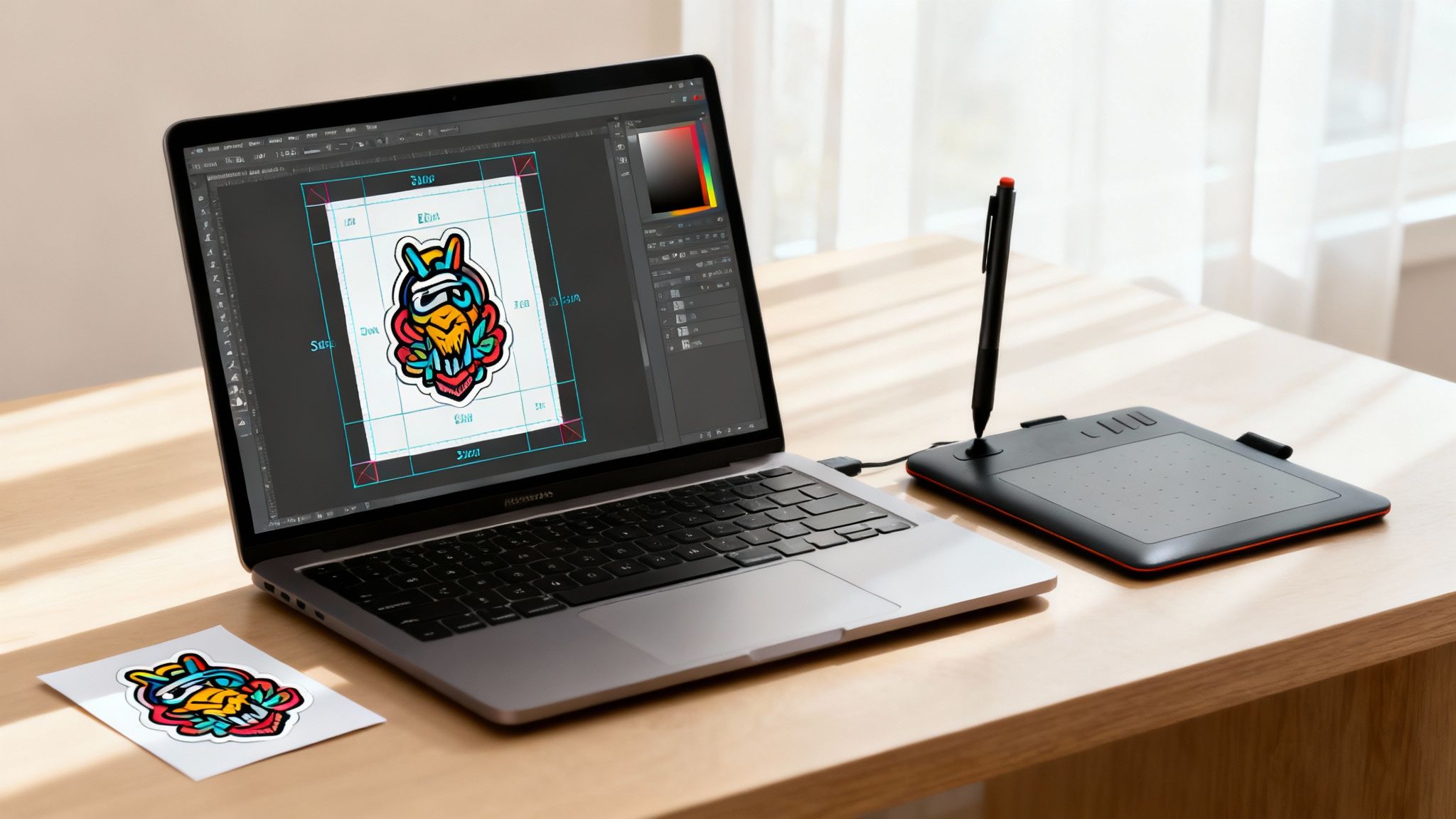 A designer's desk with a computer screen showing a sticker design in progress