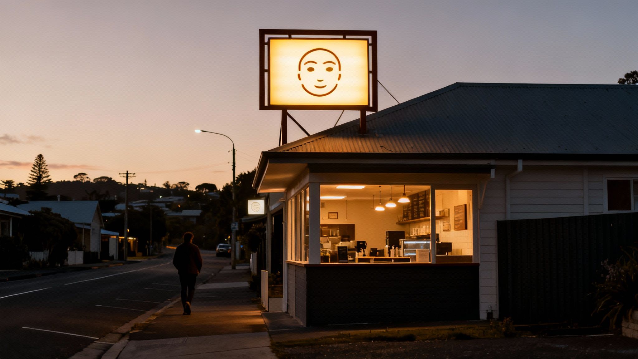 A small cafe with a smiling face lightbox sign at dusk, a person walks on the street.