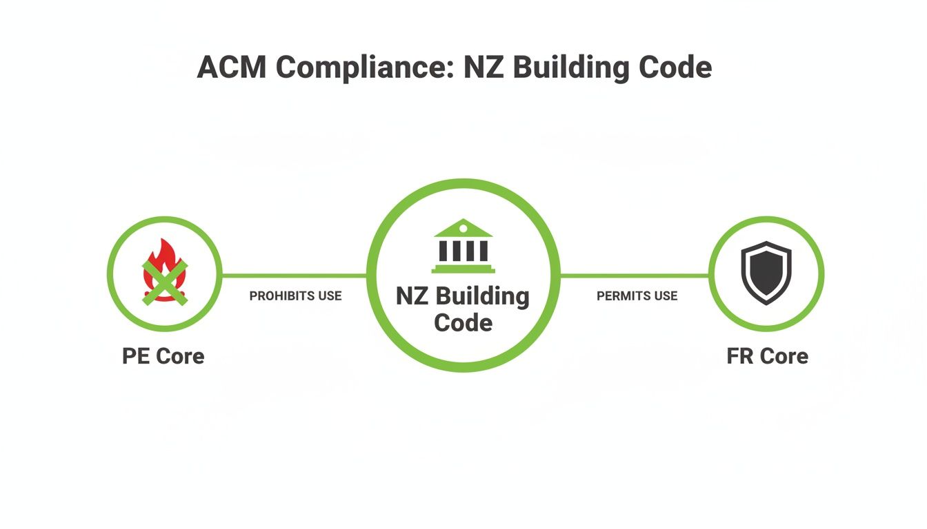 Diagram illustrating NZ Building Code compliance for ACM panels: PE Core prohibited, FR Core permitted.