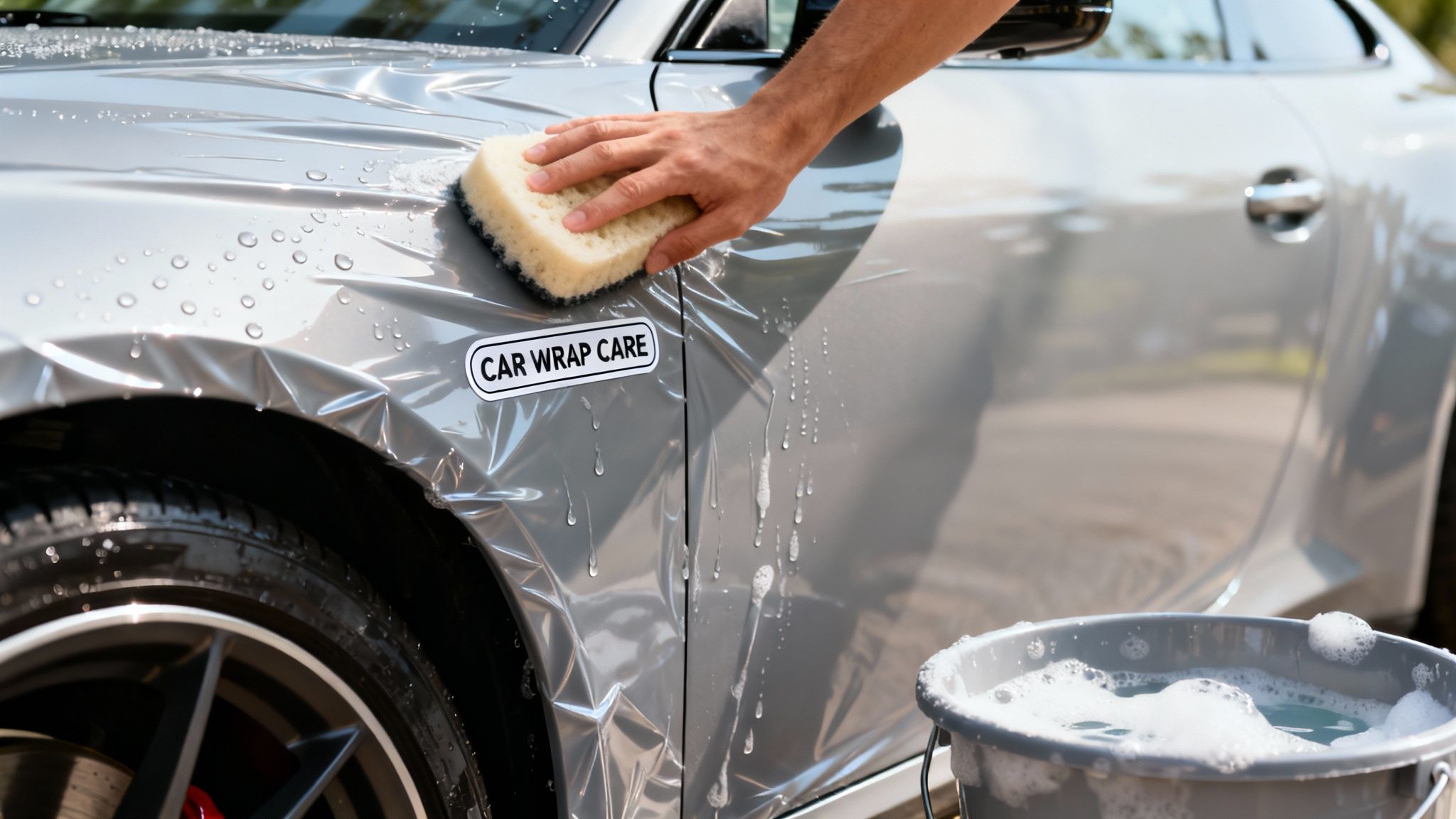 A hand washing a gray car covered in a clear protective wrap with a sponge and soapy water.