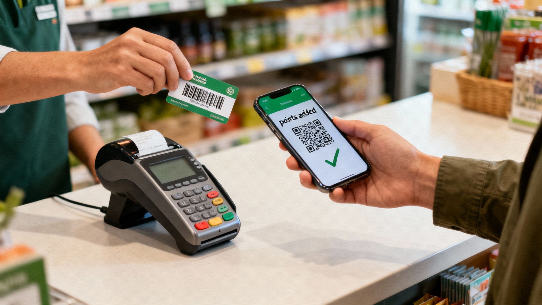Customer adding loyalty points using a digital QR code on a smartphone and a physical card.