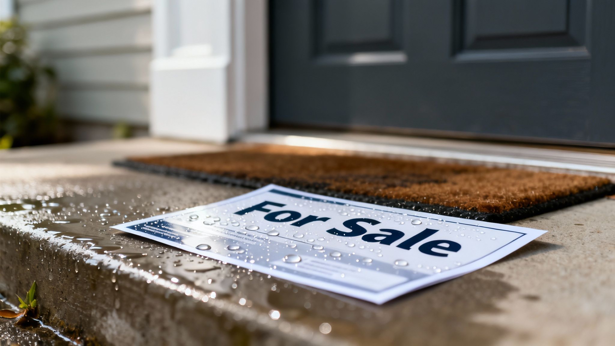A wet 'For Sale' sign on a concrete step in front of a dark door and doormat.