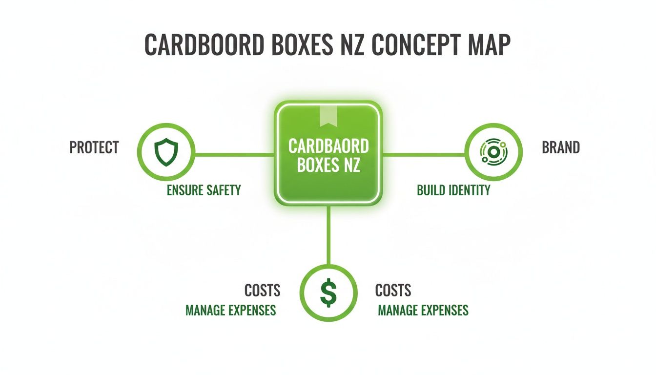 A concept map illustrating the key aspects of Cardboard Boxes NZ: protection, branding, and cost management.
