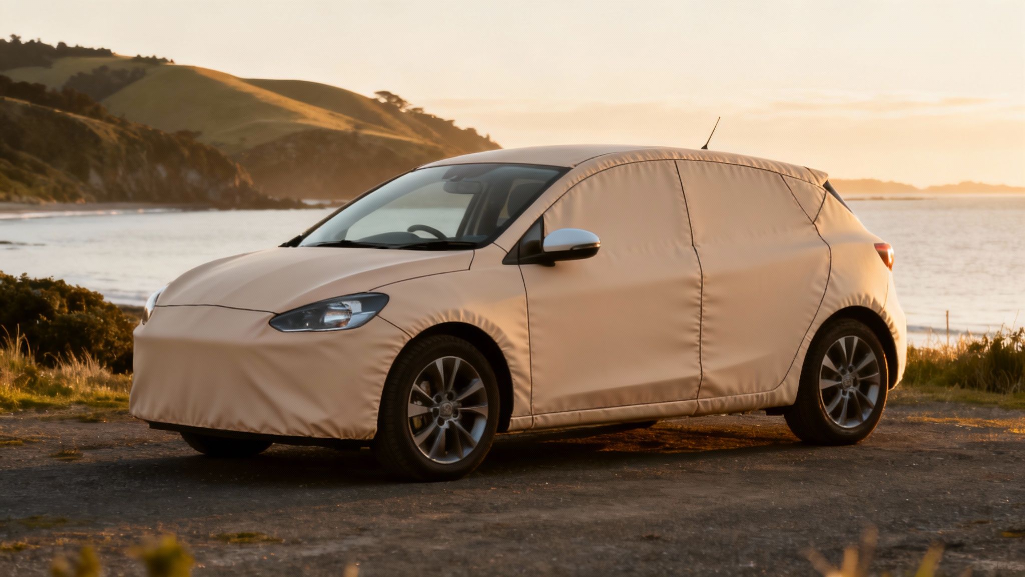 A beige-wrapped prototype car parked on a dirt road overlooking a scenic ocean bay at sunset.