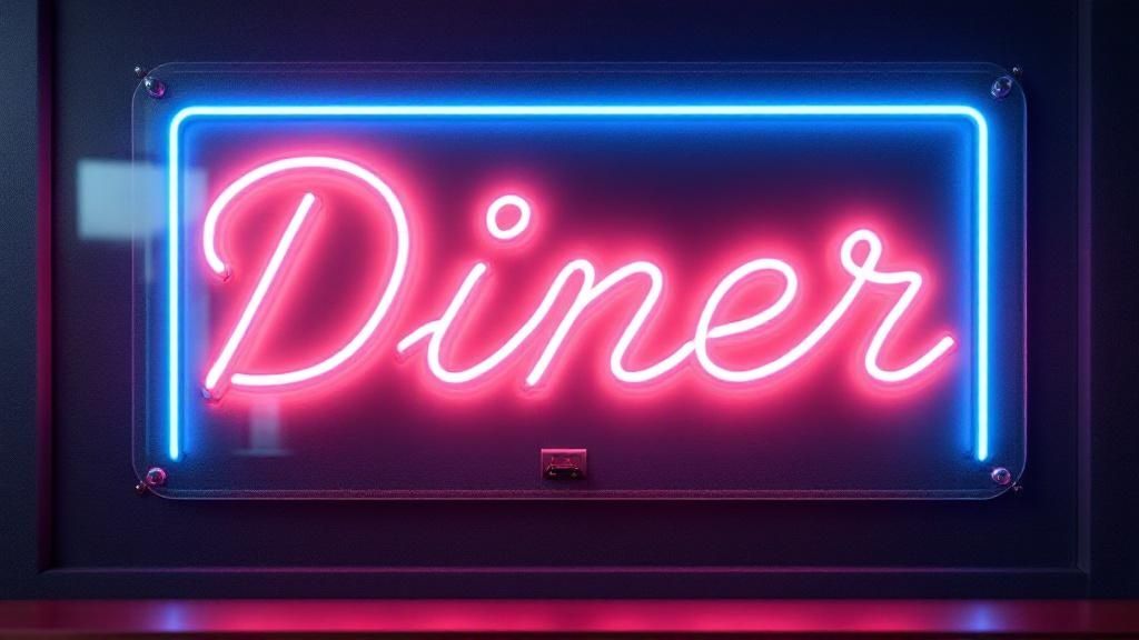 A vibrant red neon sign shaped like a pizza slice, glowing against a dark brick wall.