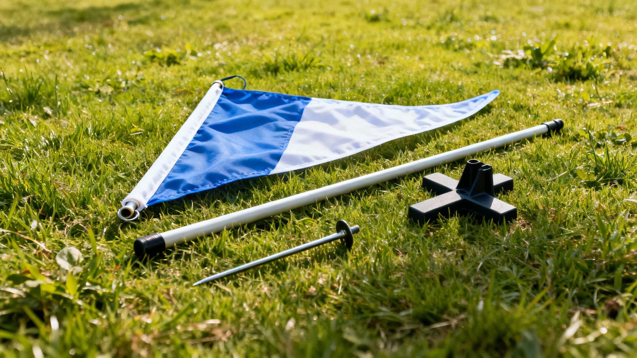 A close-up shot of the base and pole of a tear drop flag.