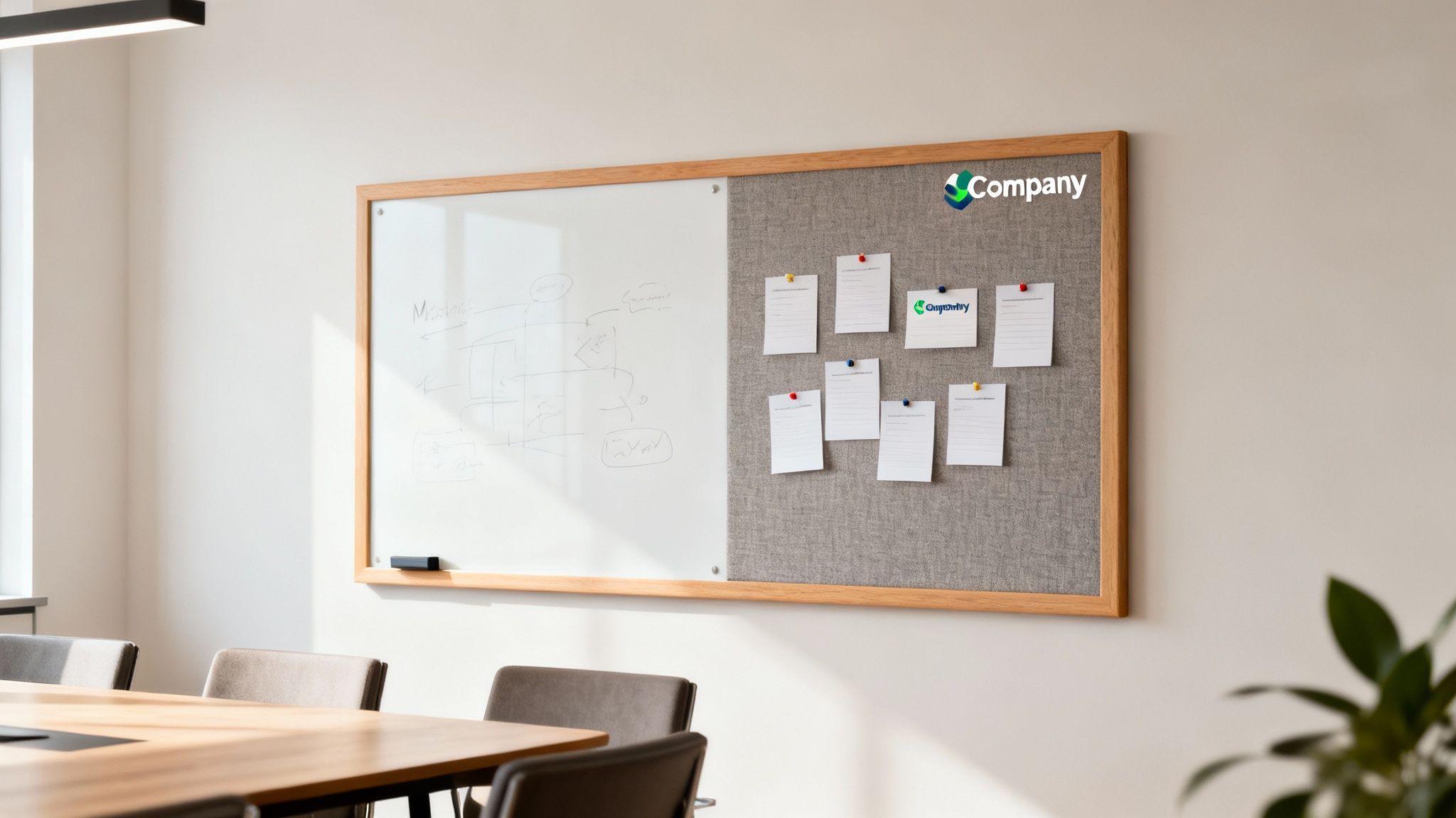 A clean, modern office meeting room with a large half-whiteboard, half-cork board adorned with notes.