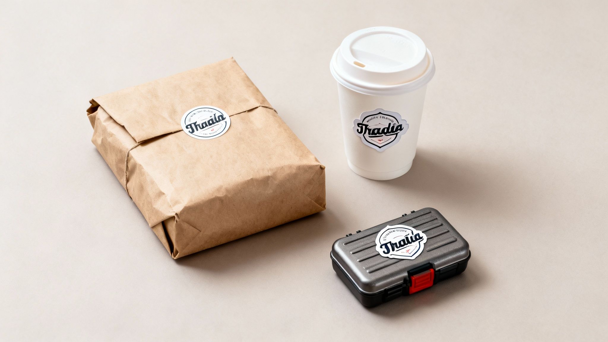 Custom Thadia stickers on a brown paper package, white coffee cup, and gray container.