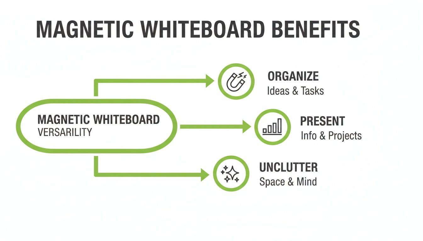 Diagram illustrating the benefits of magnetic whiteboard versatility: organize ideas, present information, and unclutter space.