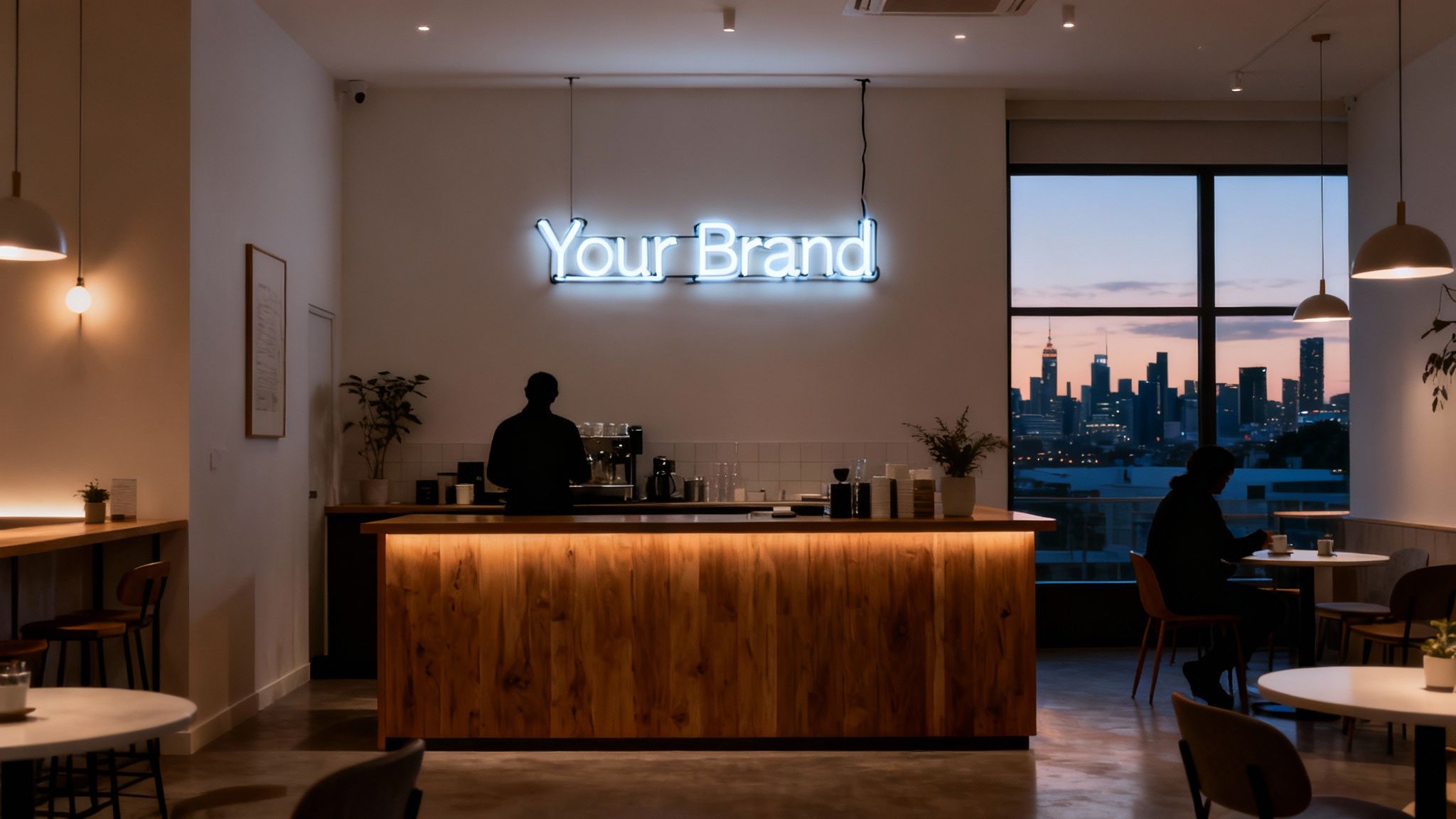 A modern coffee shop interior at dusk with a glowing neon 'Your Brand' sign and a city skyline view.