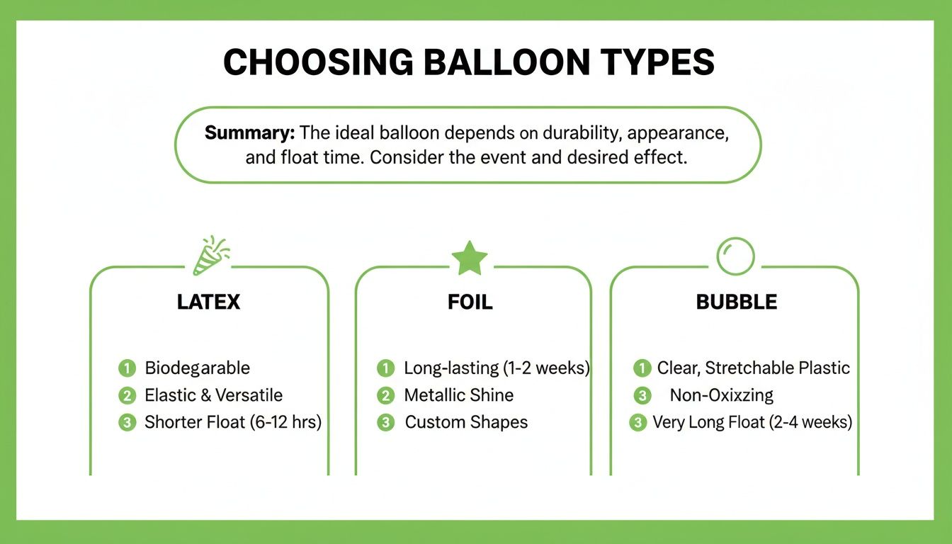 Infographic comparing latex, foil, and bubble balloon types with their characteristics and float times for events.