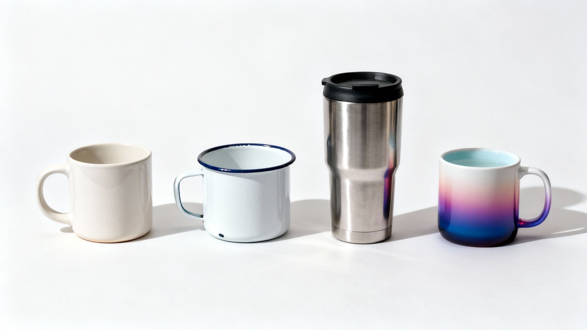 A selection of different types of blank mugs for printing.