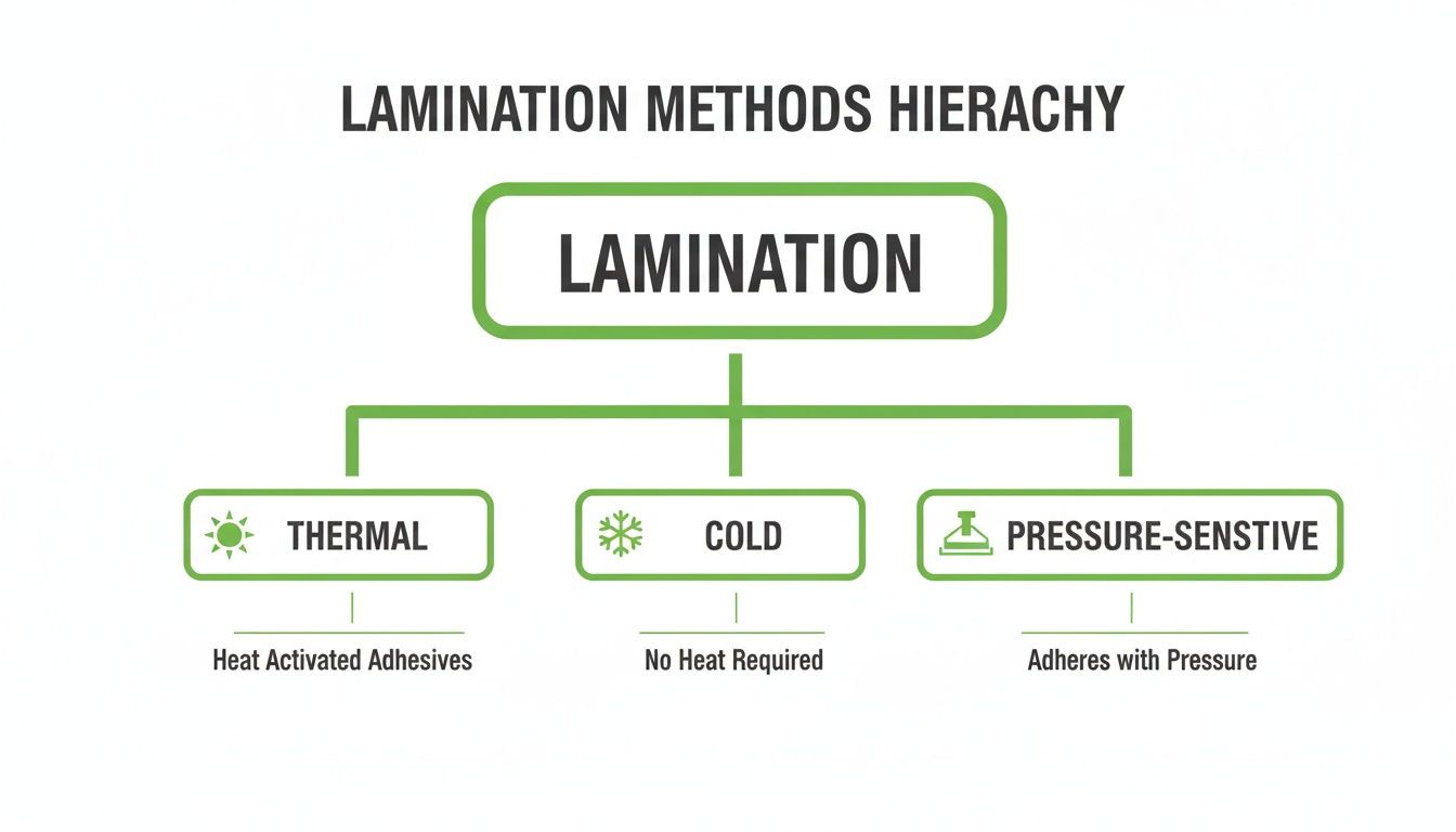 A clear hierarchy chart illustrating the three main lamination methods: thermal, cold, and pressure-sensitive.