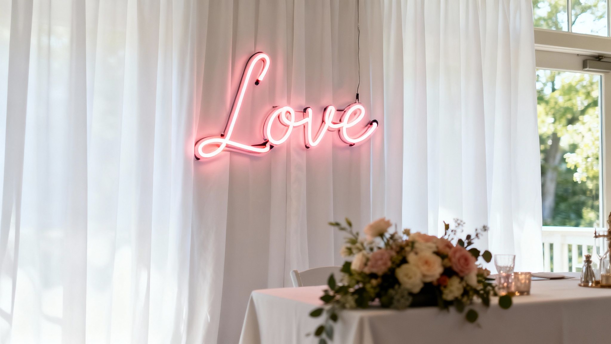 A pink neon 'Love' sign adorns a white curtain above a wedding reception table.