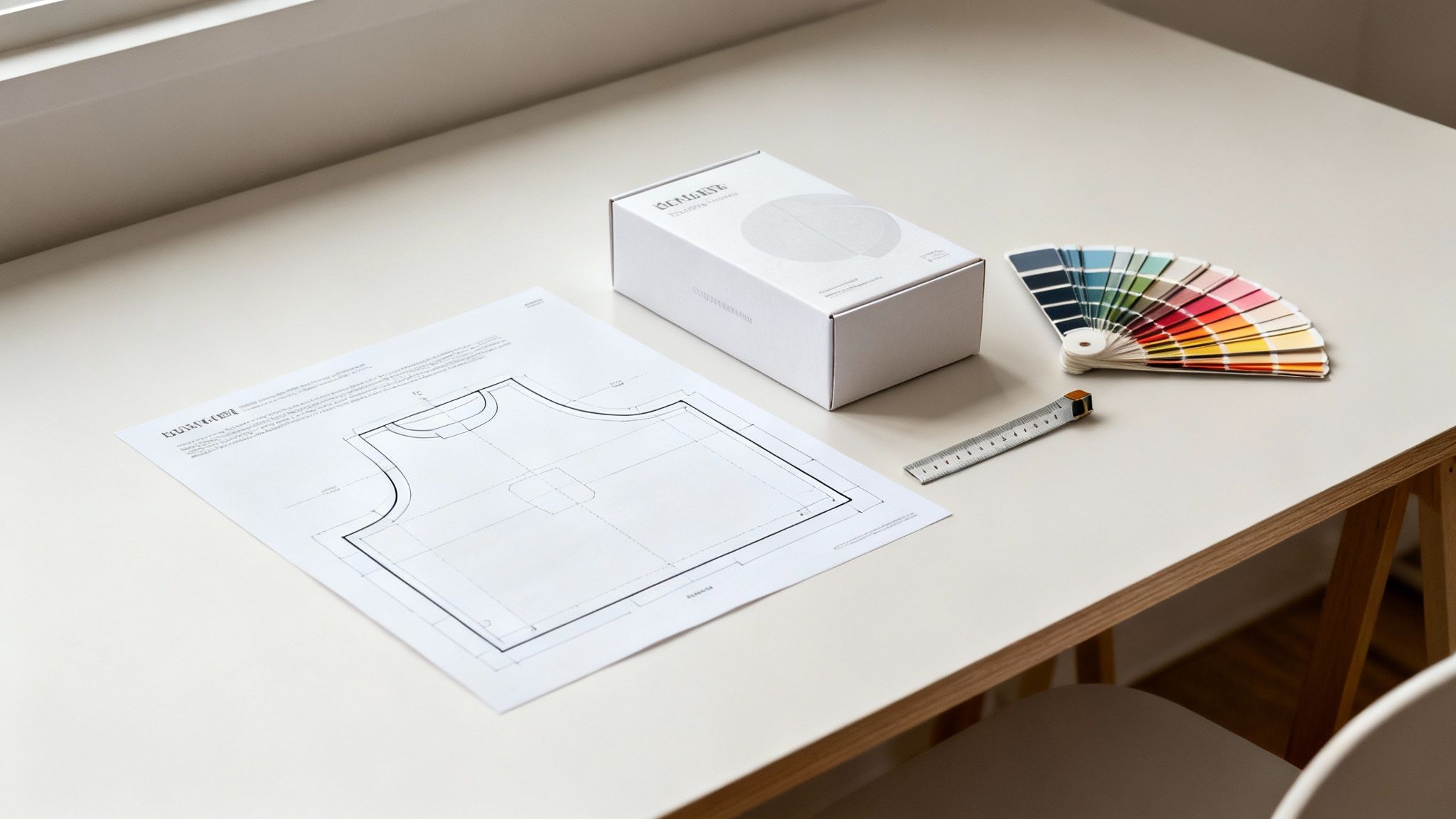 A flat lay of a design workspace featuring a clothing pattern, a white box, color swatches, and a ruler.