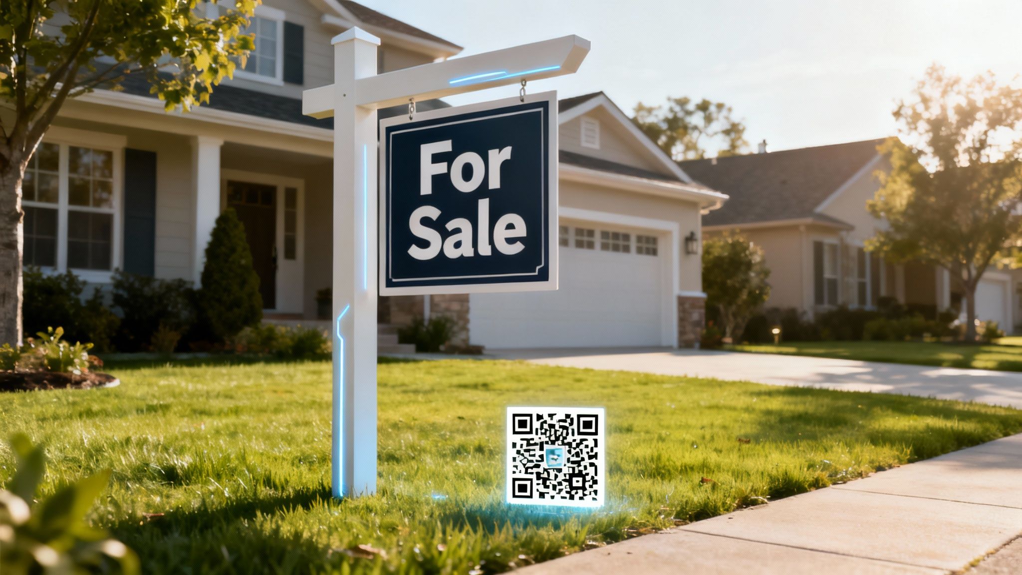 A person scanning a QR code on a for sale sign with their smartphone